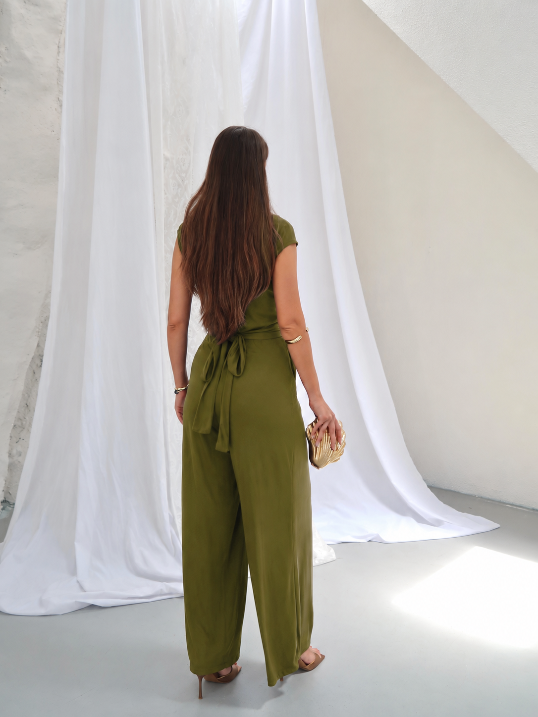 Y324 - Kadın Evelina Ribana Kruvaze Bağlama Detaylı Uzun Tulum - Olive
