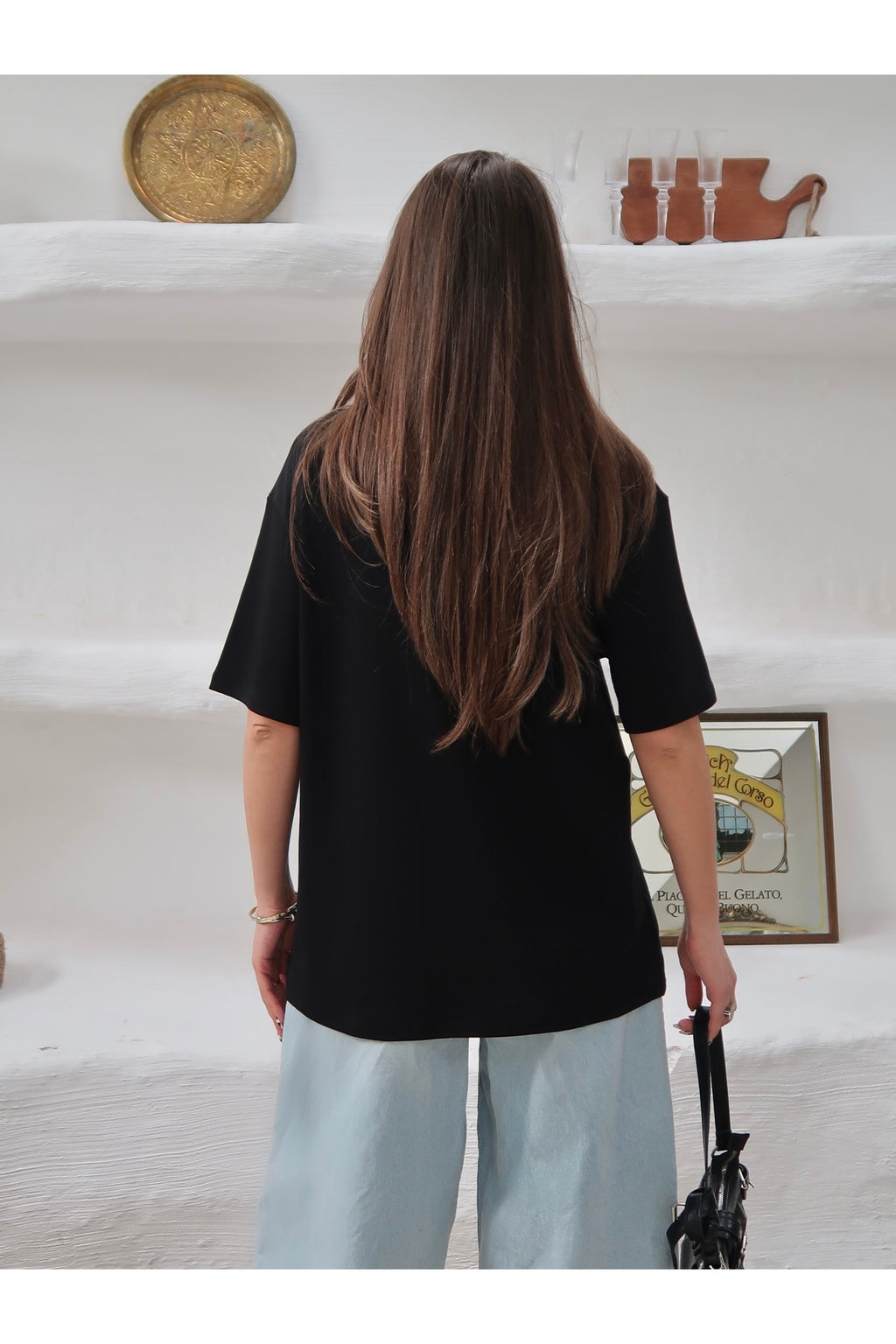 PWGY298 - Kadın Mia İnterlok Kumaş Bisiklet Yaka Oversize T-Shirt - Siyah