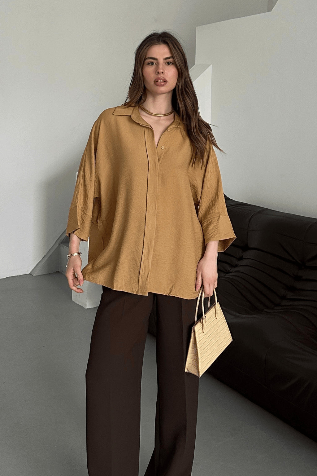 PWG0104251439 - Kadın Evelyn Vizon Oversize Gömlek, Keten Ayrobin Ön Patlı Gömlek