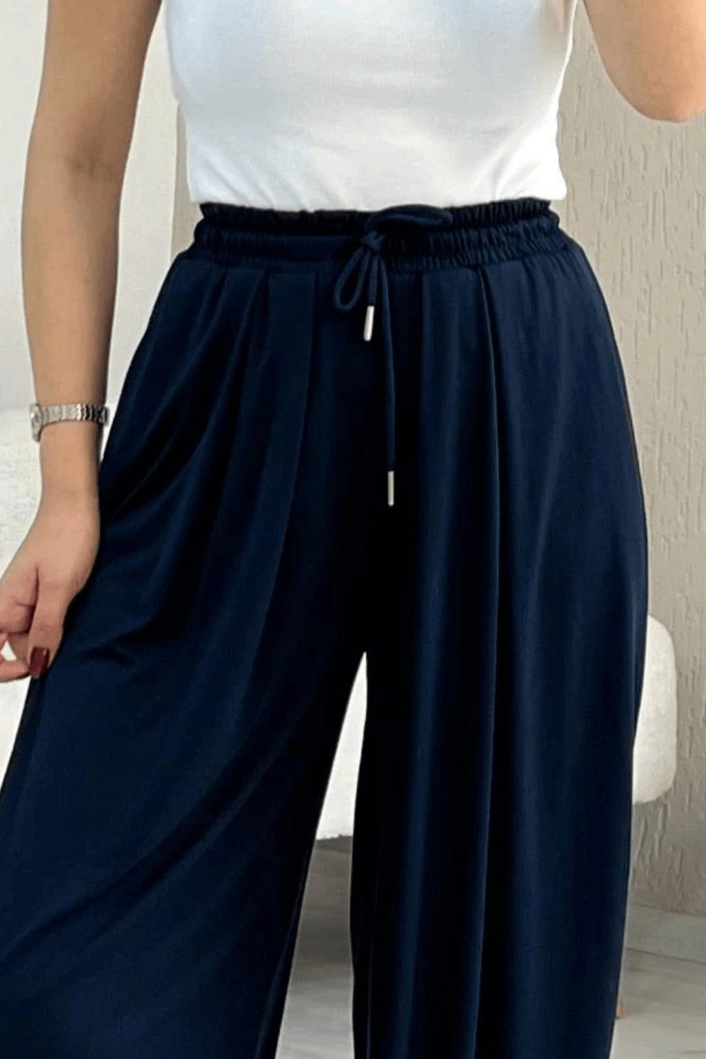 PWG1004250252 - Kadın Rosa Bel ve Paça Lastikli Şalvar Pantolon, Premium Kalite Kumaş - Lacivert