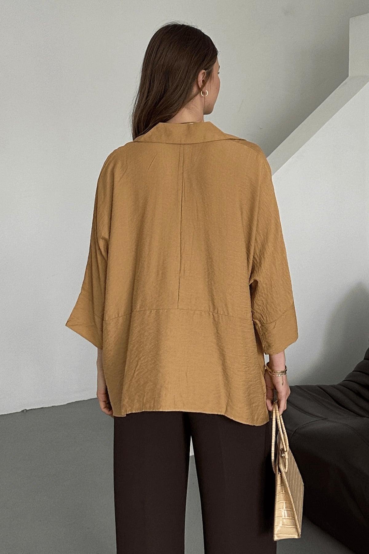 PWG0104251439 - Kadın Evelyn Vizon Oversize Gömlek, Keten Ayrobin Ön Patlı Gömlek