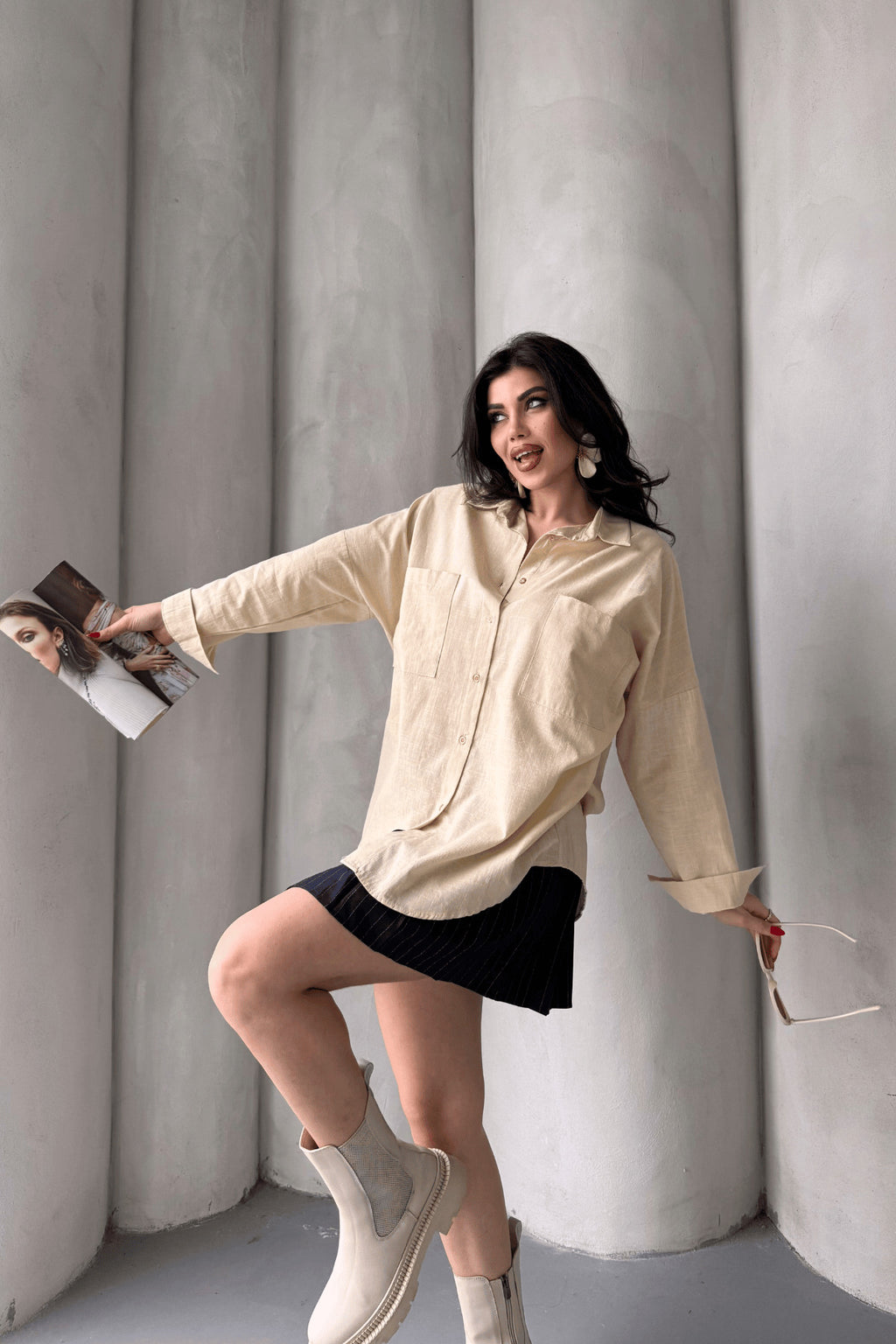 PWG1504250420 - Kadın Harper Çift Cepli Oversize Keten Gömlek, 2025 Summer Collection - Taş