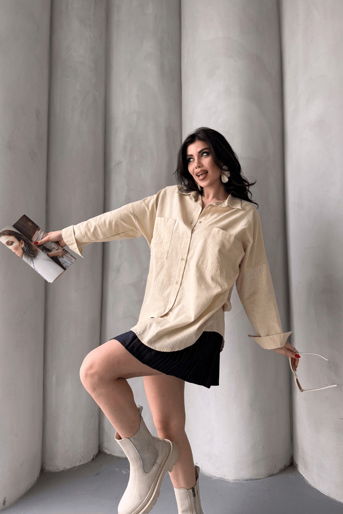 PWG1504250420 - Kadın Harper Çift Cepli Oversize Keten Gömlek, 2025 Summer Collection - Taş