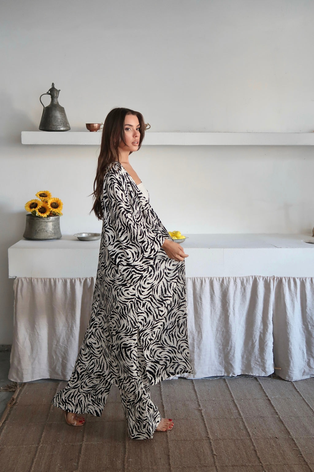 PWG1006251441 - Kadın Desenli Kimono Pantolonlu Yazlık Takım - Beyaz