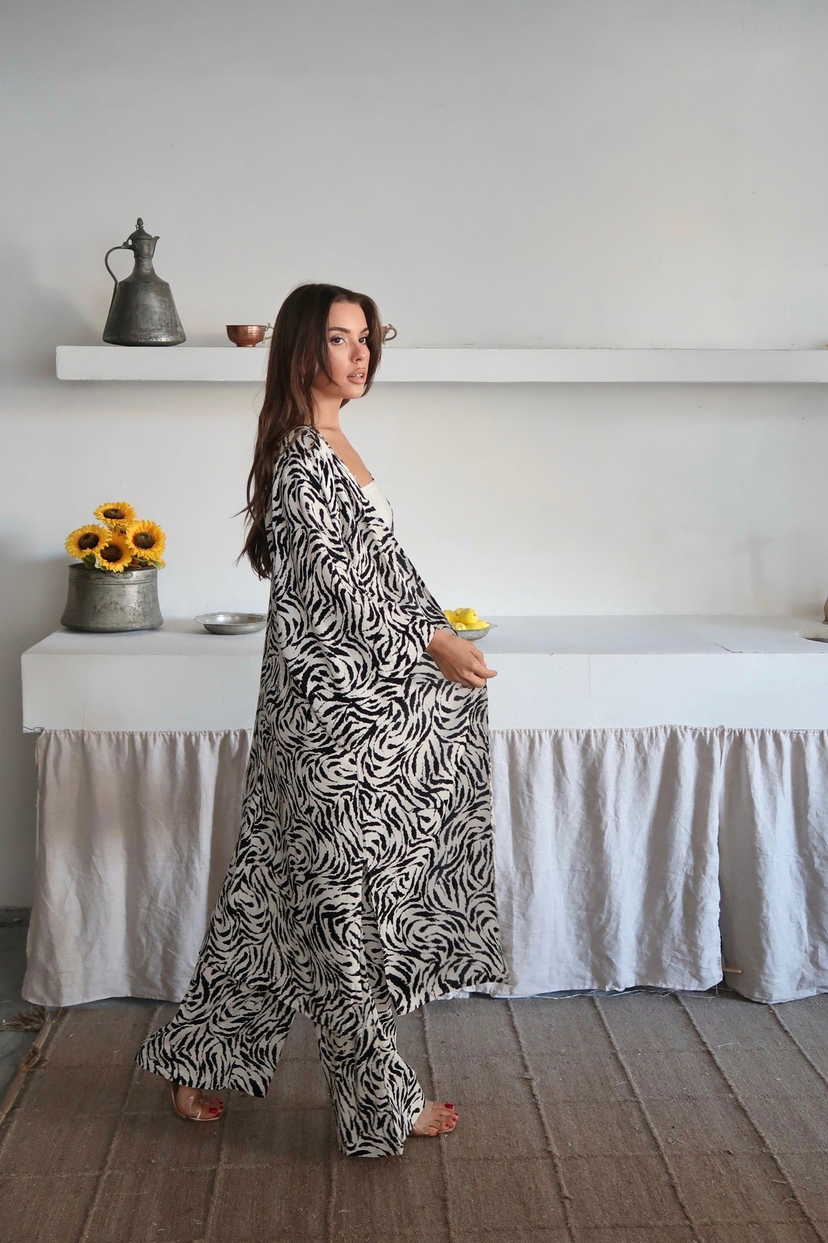 PWG1006251441 - Kadın Desenli Kimono Pantolonlu Yazlık Takım - Beyaz
