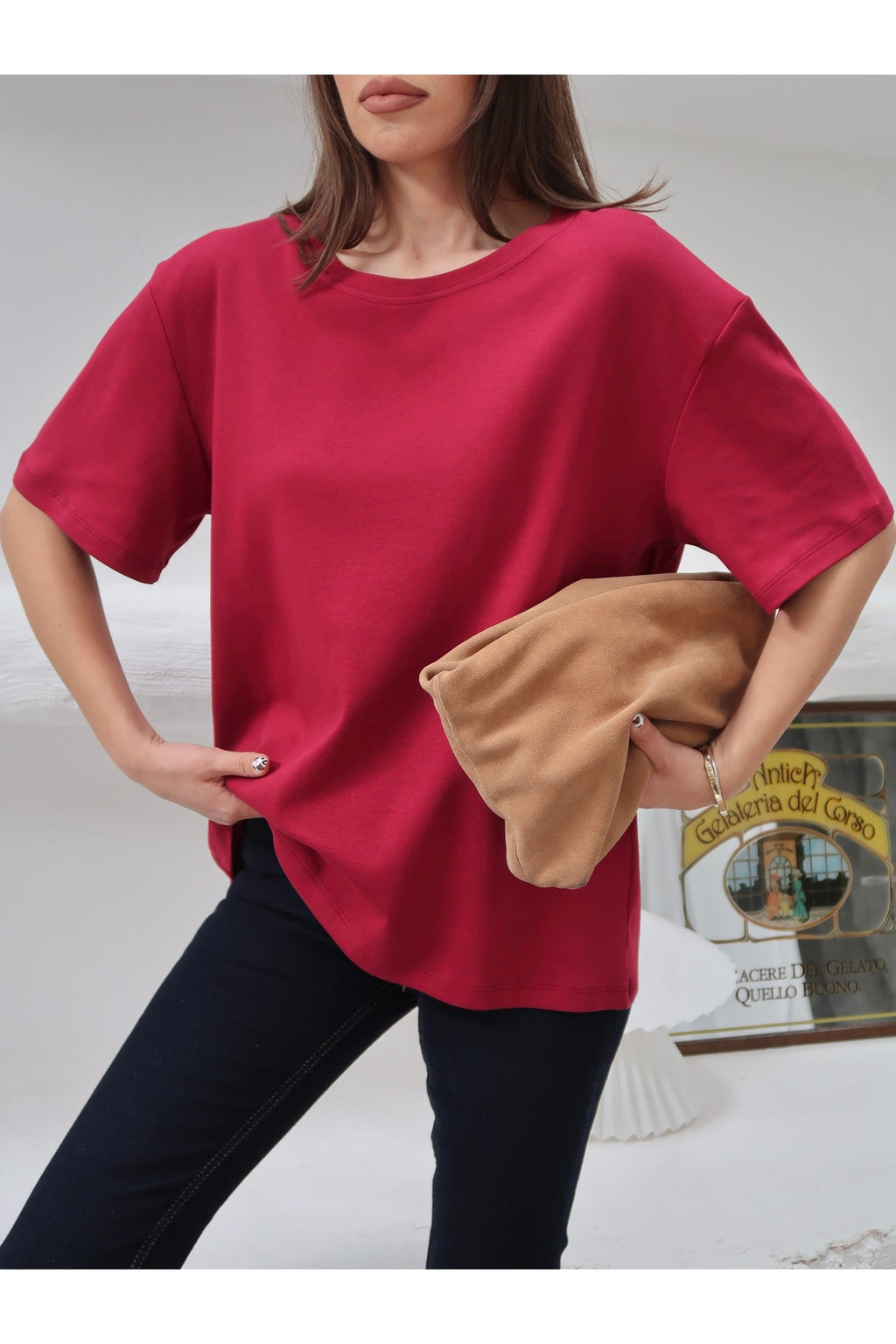 PWGY298 - Kadın Mia İnterlok Kumaş Bisiklet Yaka Oversize T-Shirt - Bordo