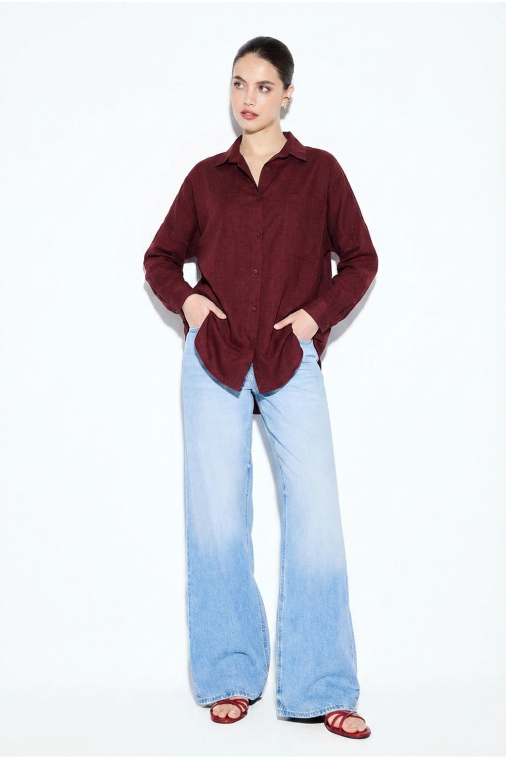 PWGPERRY - Kadın Perry Keten Gömlek Oversize - Bordo