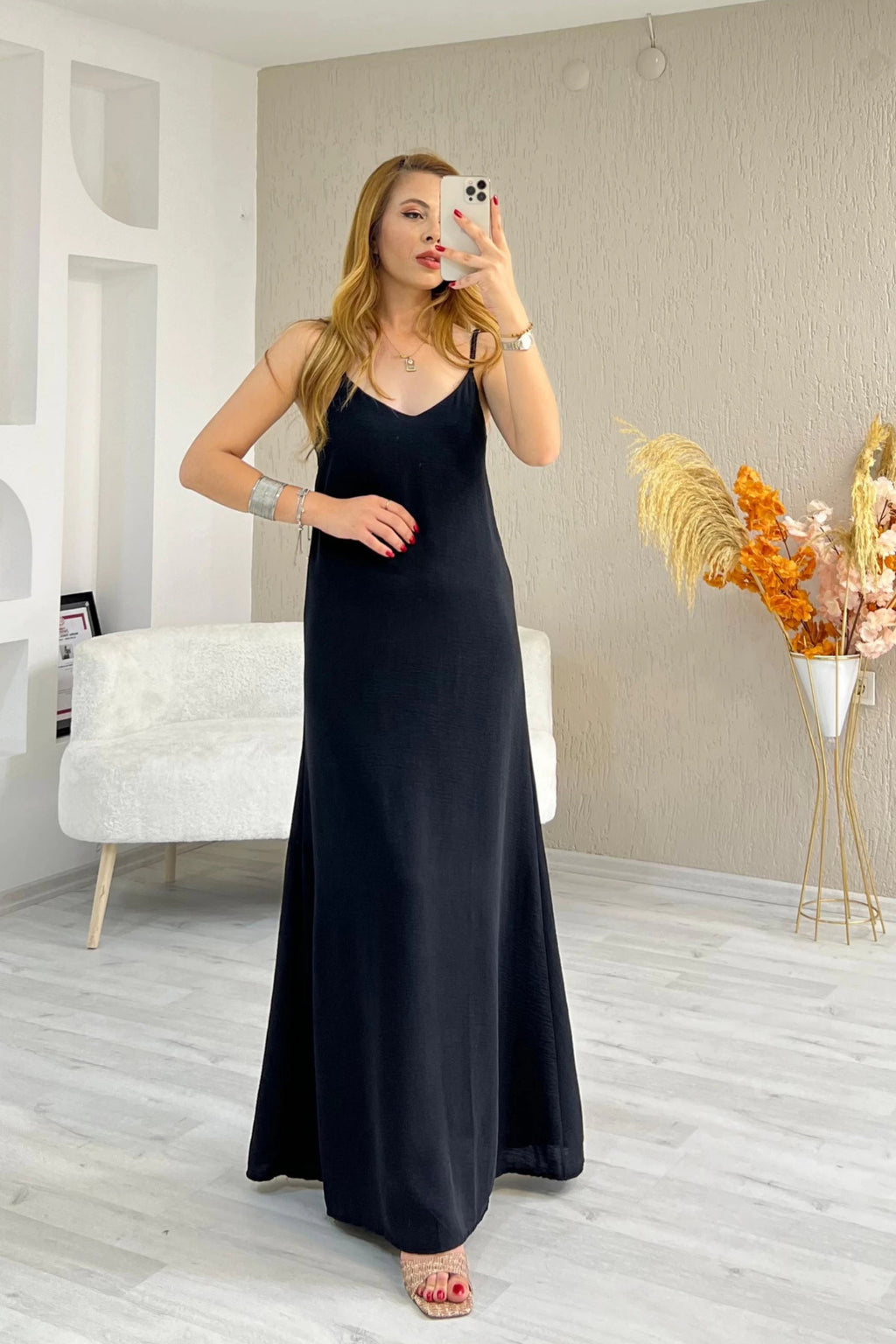 PWG2605251938 - Kadın Hazel Siyah Ip Askılı Ayrobin Maxi Yazlık Elbise