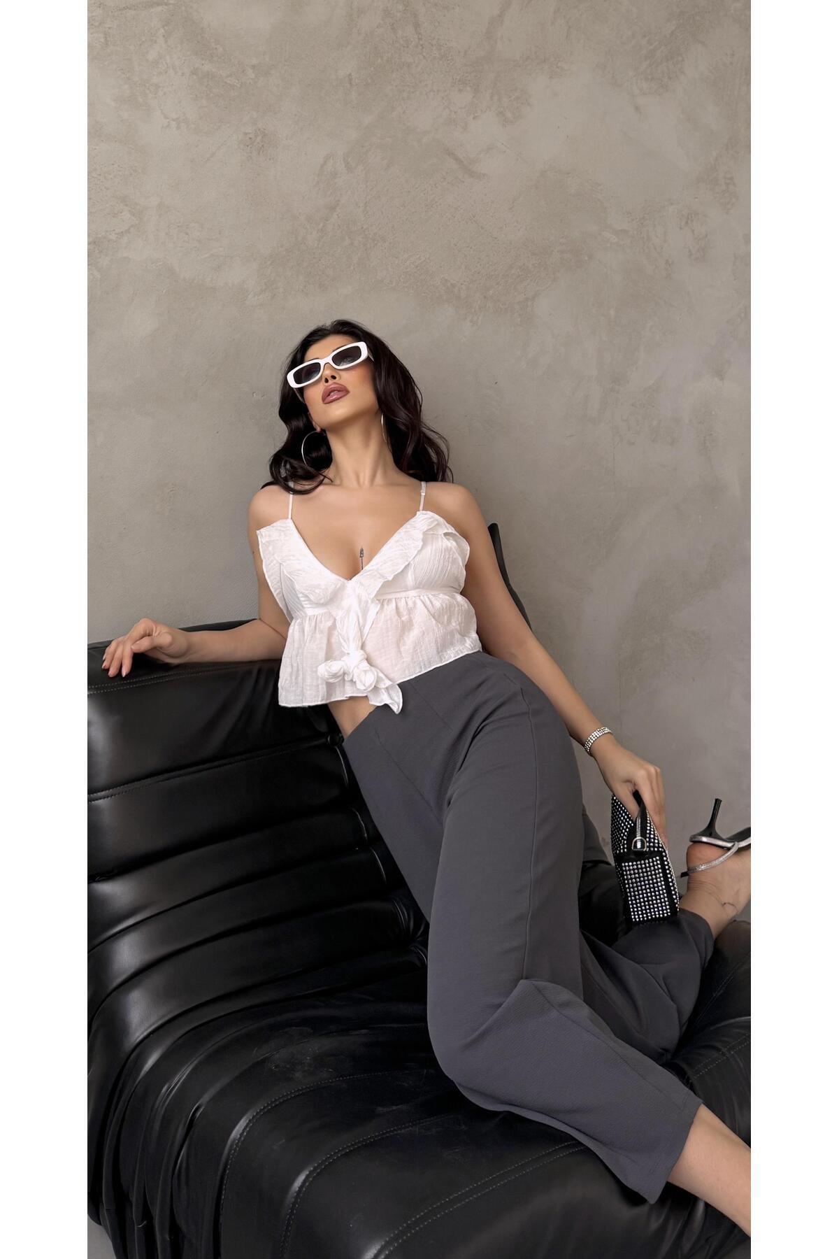 PWG2002252342 - Kadın Bernis Füme Balon Pantolon, Beli Lastikli Şalvar Model Krep Balon Pantolon Basen Gizleyen - GRİ