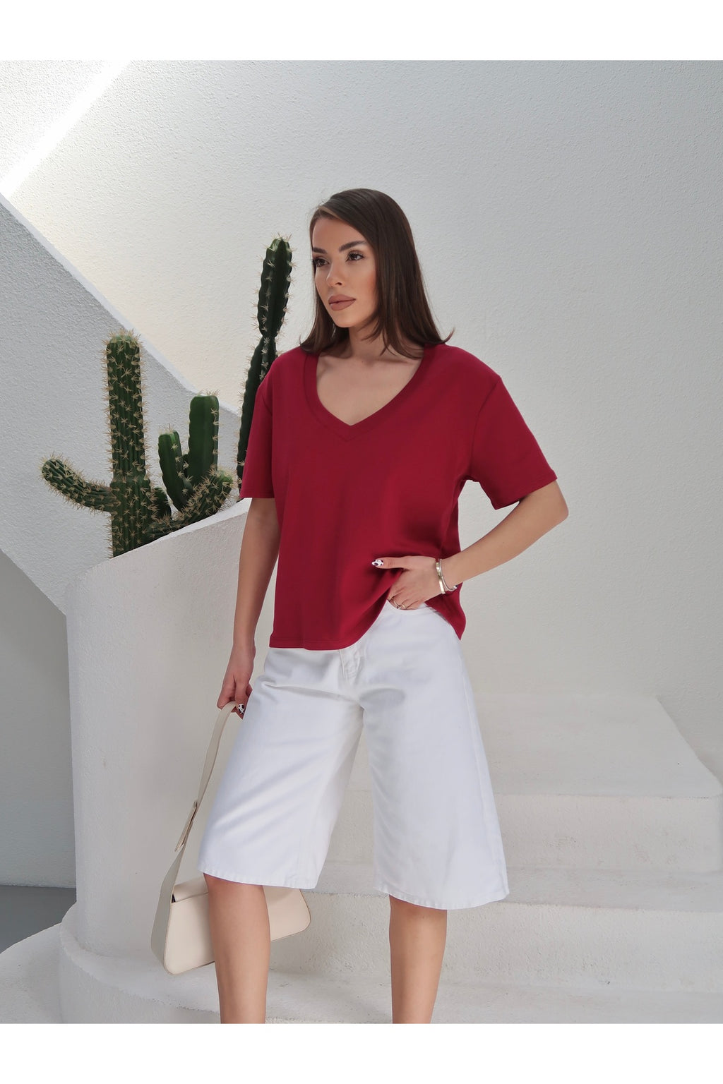 PWGY285 - Kadın Massi İnterlok Kumaş V Yaka Oversize T-Shirt - Bordo
