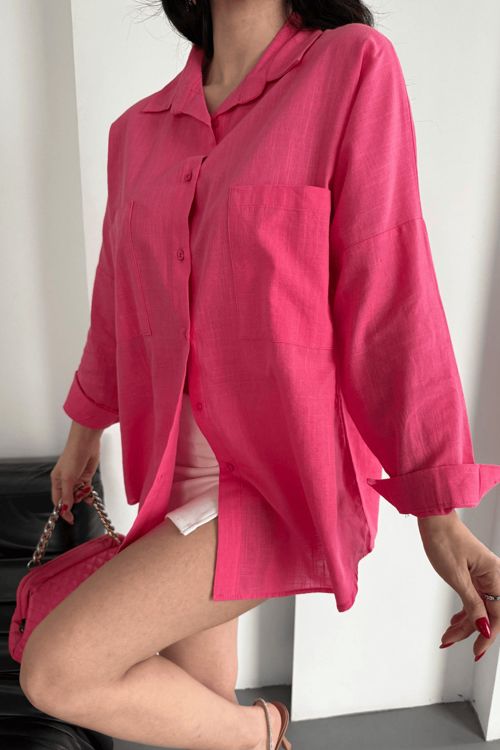 PWG1504250420 - Kadın Harper Çift Cepli Oversize Keten Gömlek, 2025 Summer Collection - Fuşya