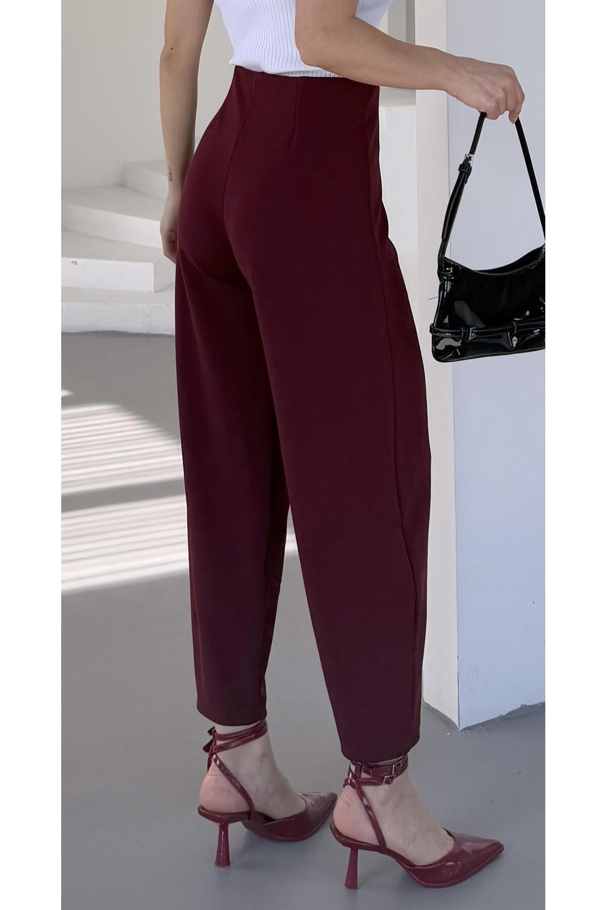 PWG2002252342 - Kadın Bernis Bordo Balon Pantolon, Beli Lastikli Şalvar Model Krep Balon Pantolon Basen Gizleyen