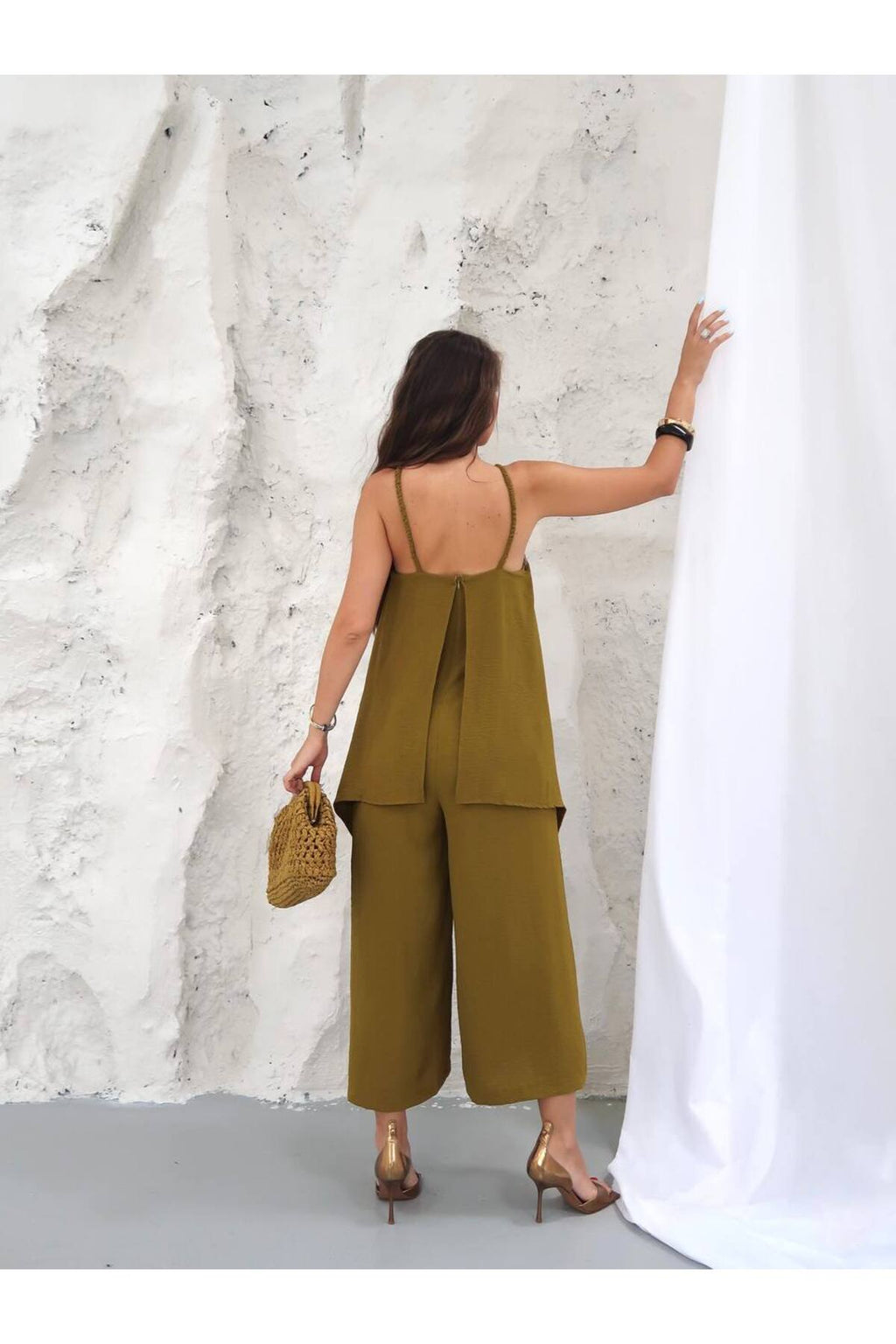 PWGY306 - Kadın Keys İthal Ayrobin Kumaş Bluz Detaylı Tulum - Olive