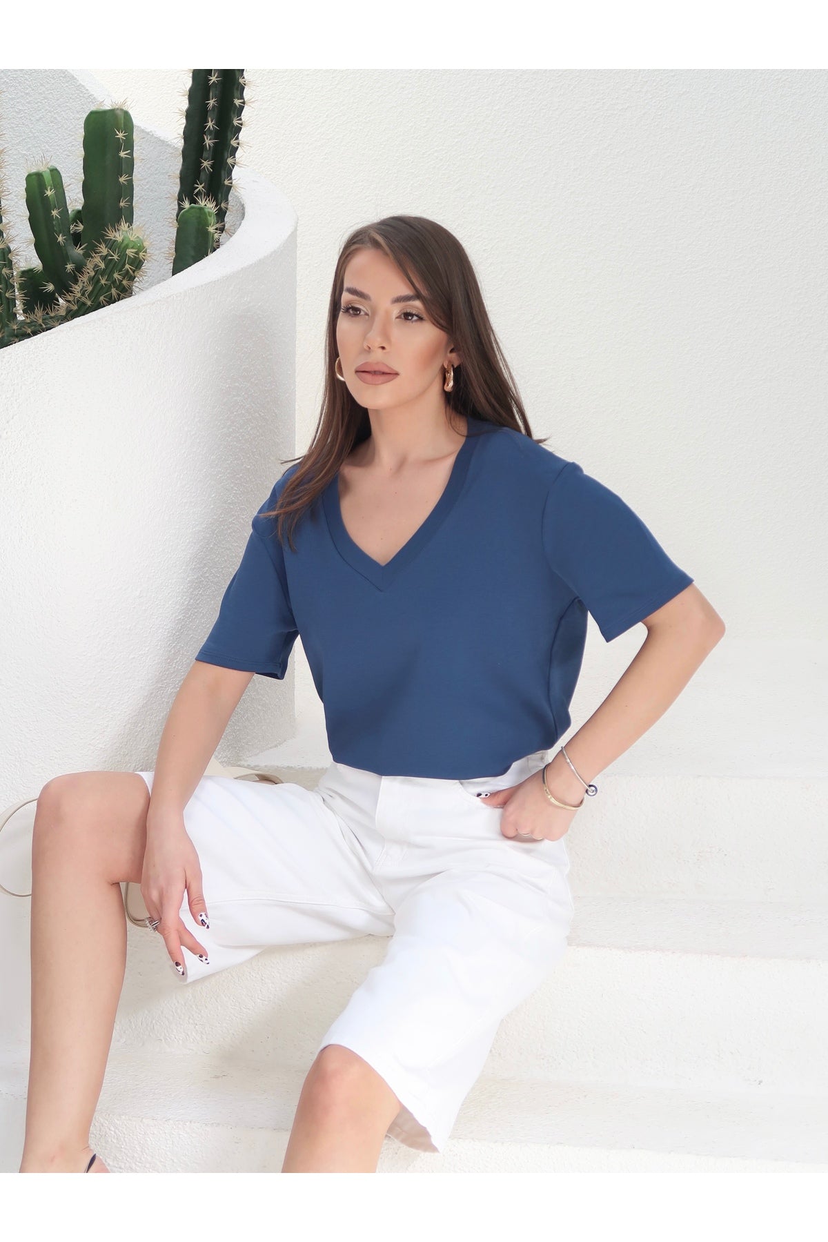 PWGY285 - Kadın Massi İnterlok Kumaş V Yaka Oversize T-Shirt - Mavi
