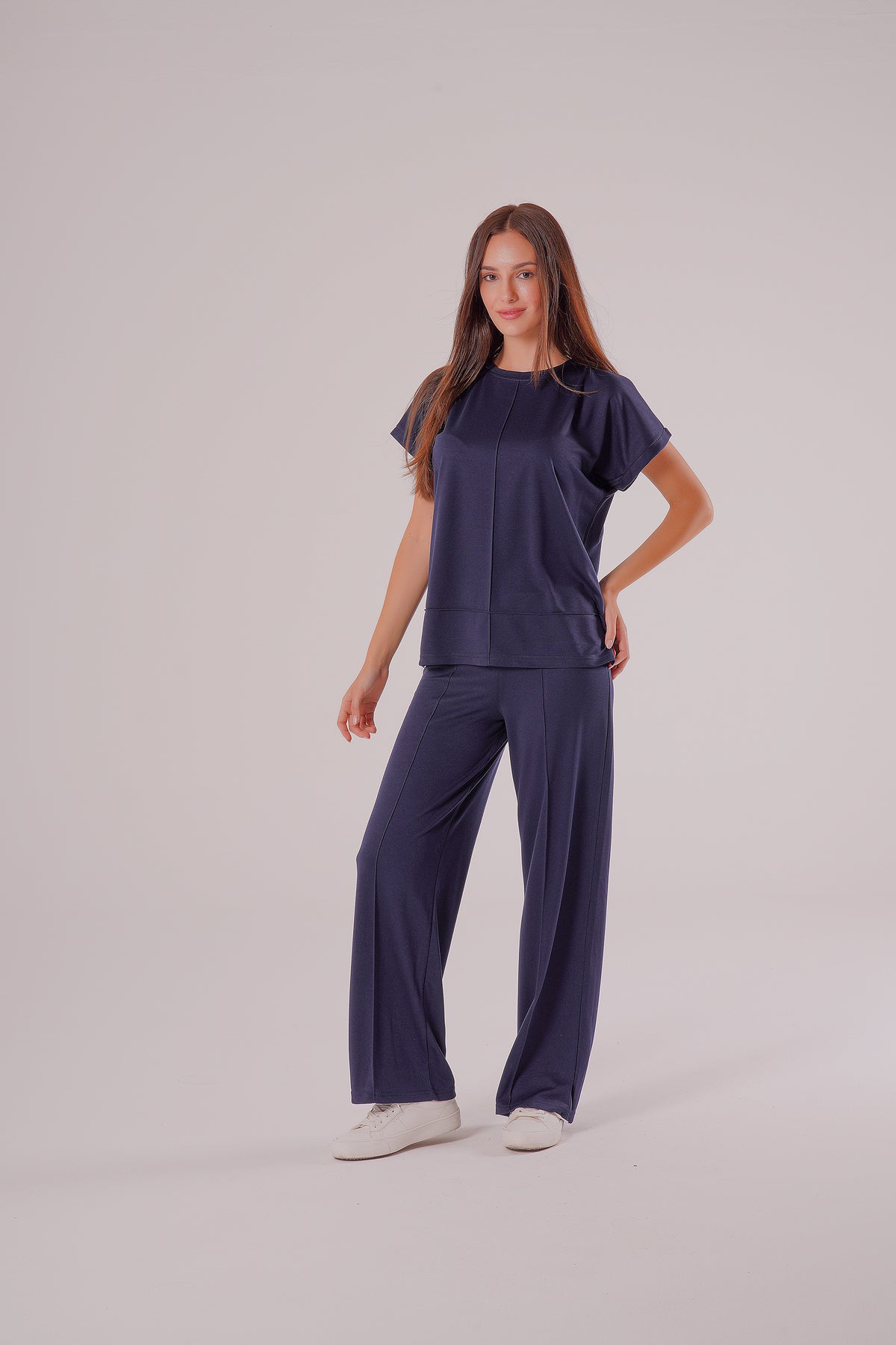 PWG0907251756 - Kadın Meadow Modal Çimalı T-shirt-Pantolon Takım - Lacivert
