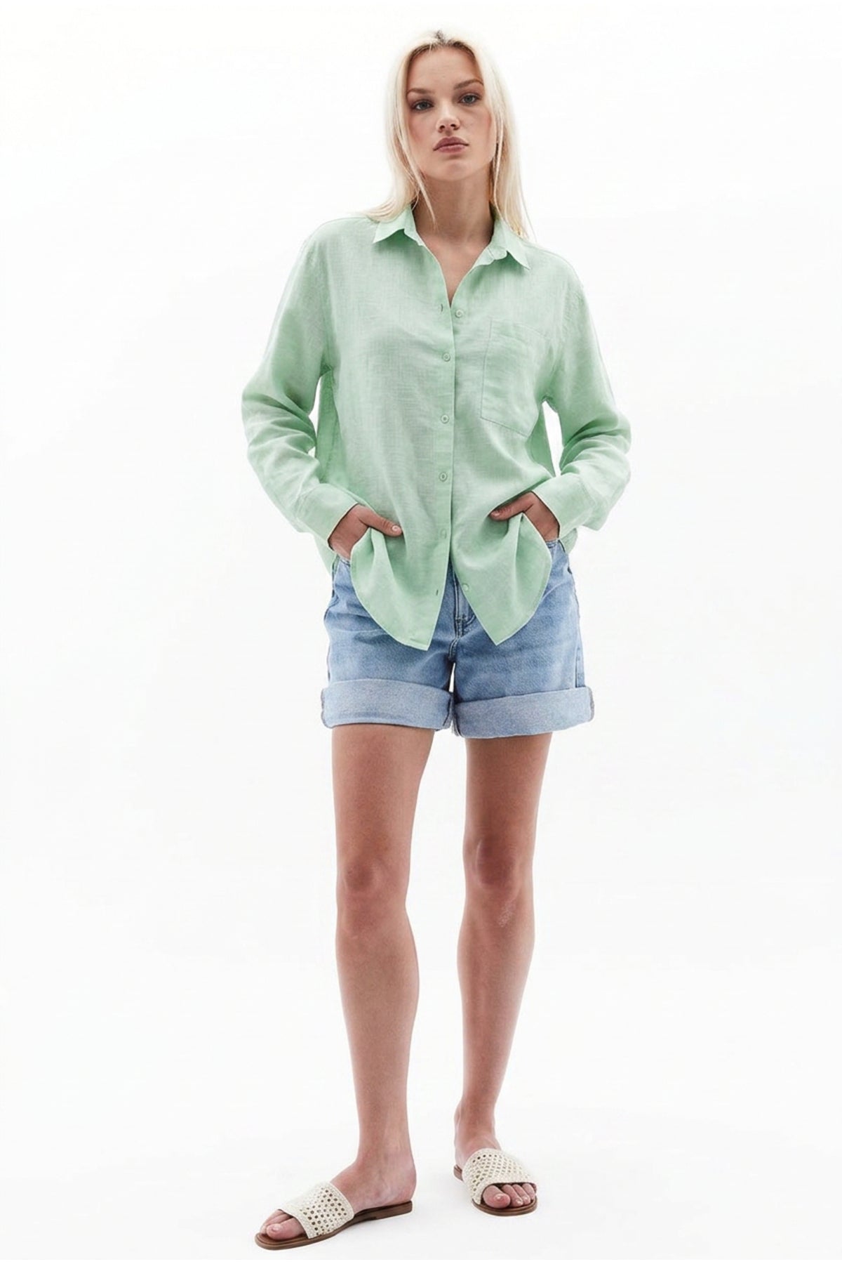 PWGPERRY - Kadın Perry Keten Gömlek Oversize - Mint