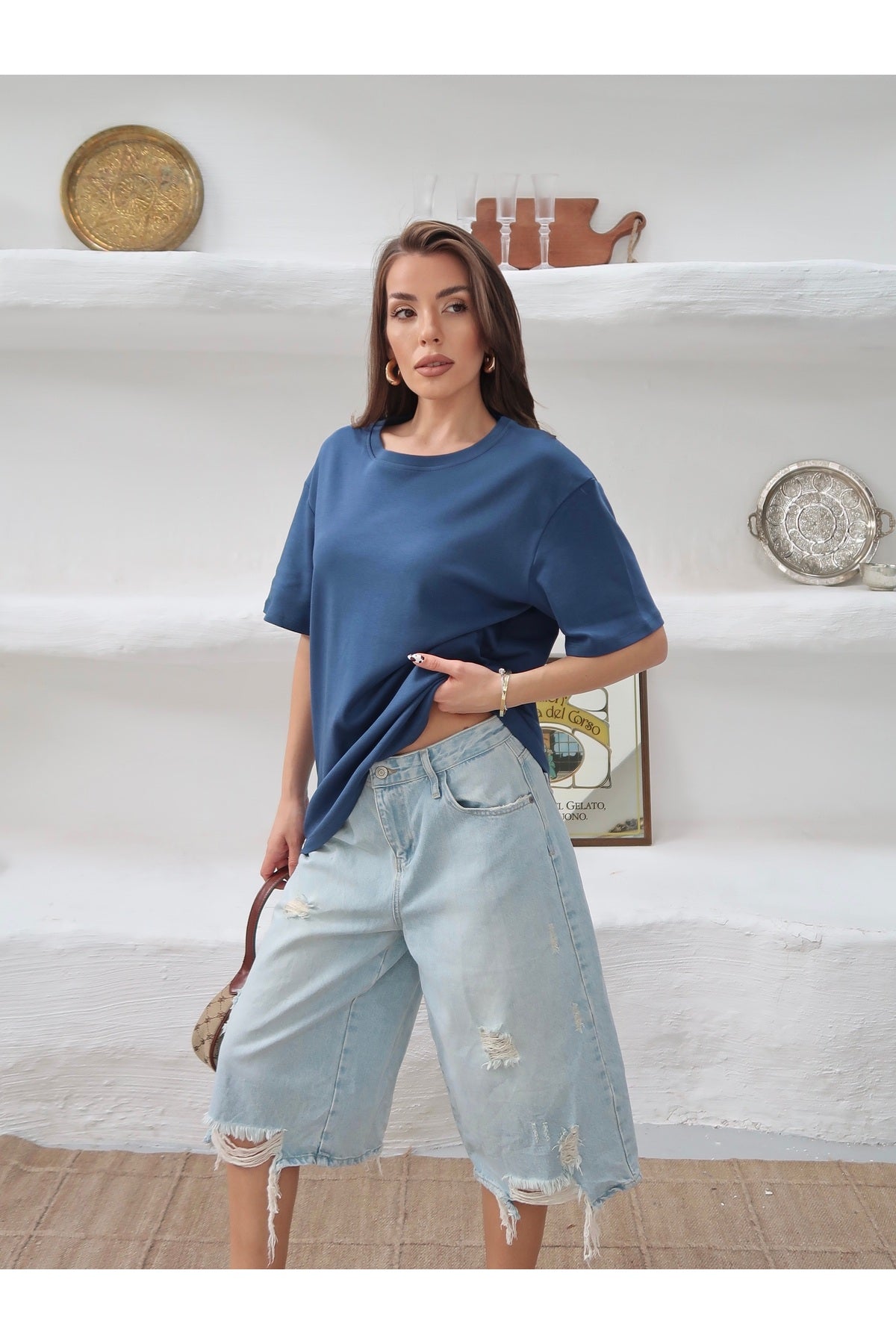 PWGY298 - Kadın Mia İnterlok Kumaş Bisiklet Yaka Oversize T-Shirt - Mavi