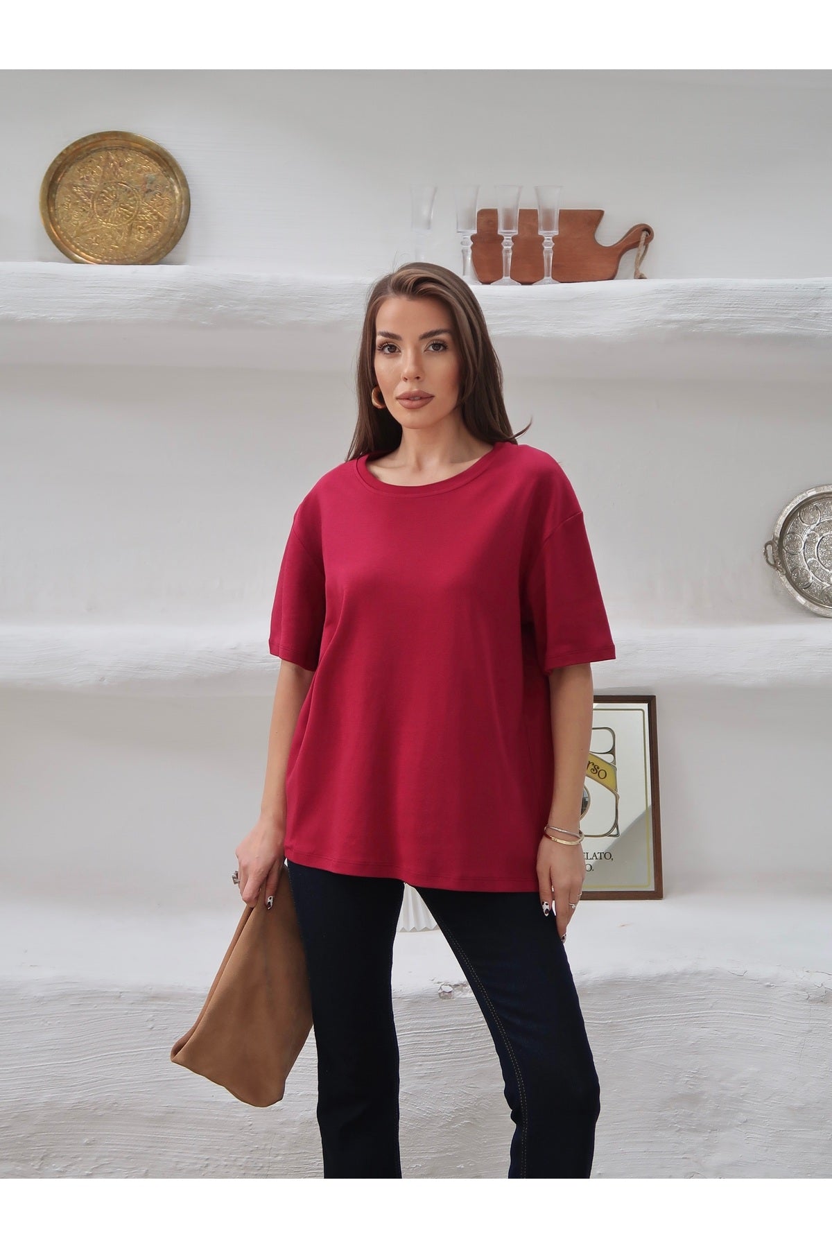 PWGY298 - Kadın Mia İnterlok Kumaş Bisiklet Yaka Oversize T-Shirt - Bordo