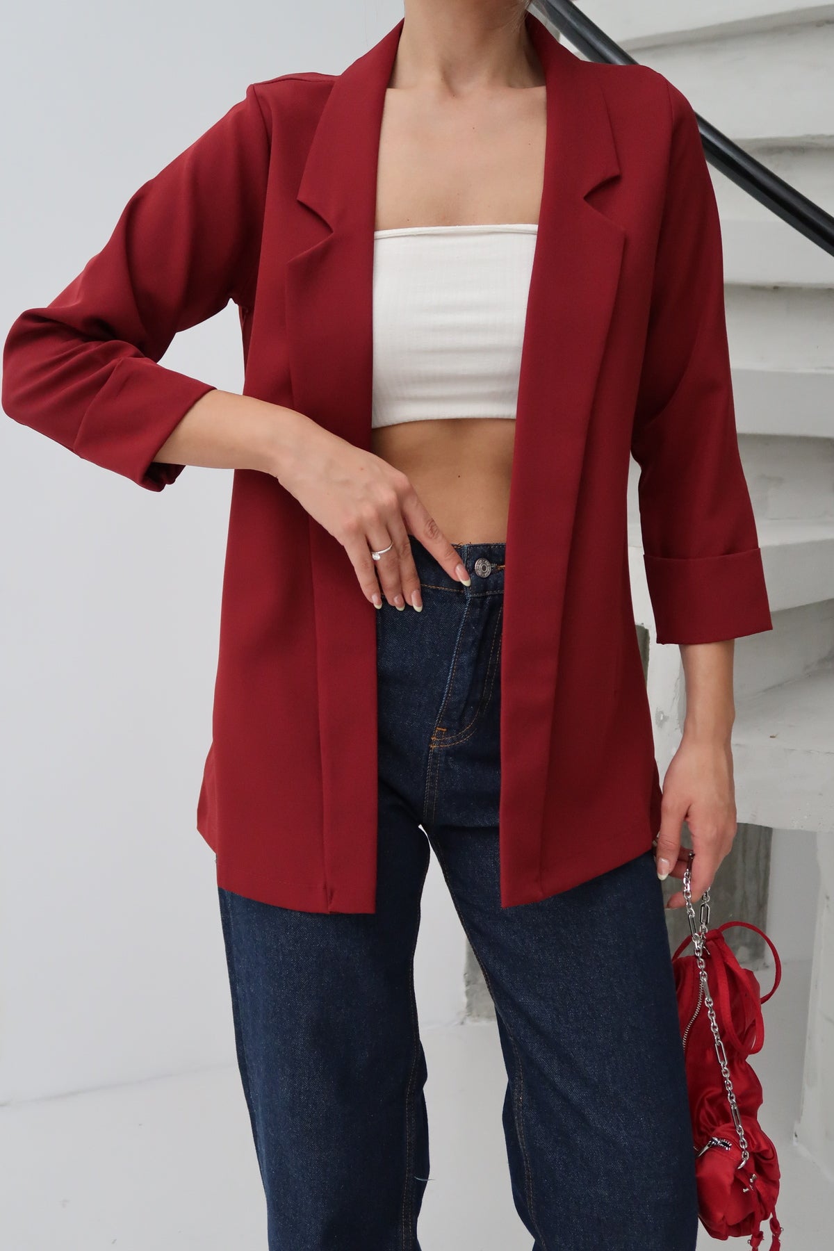 PWG0206251846 - Kadın Atlas Kumaş Astarsız Blazer Ceket, Premium Kalite - Bordo