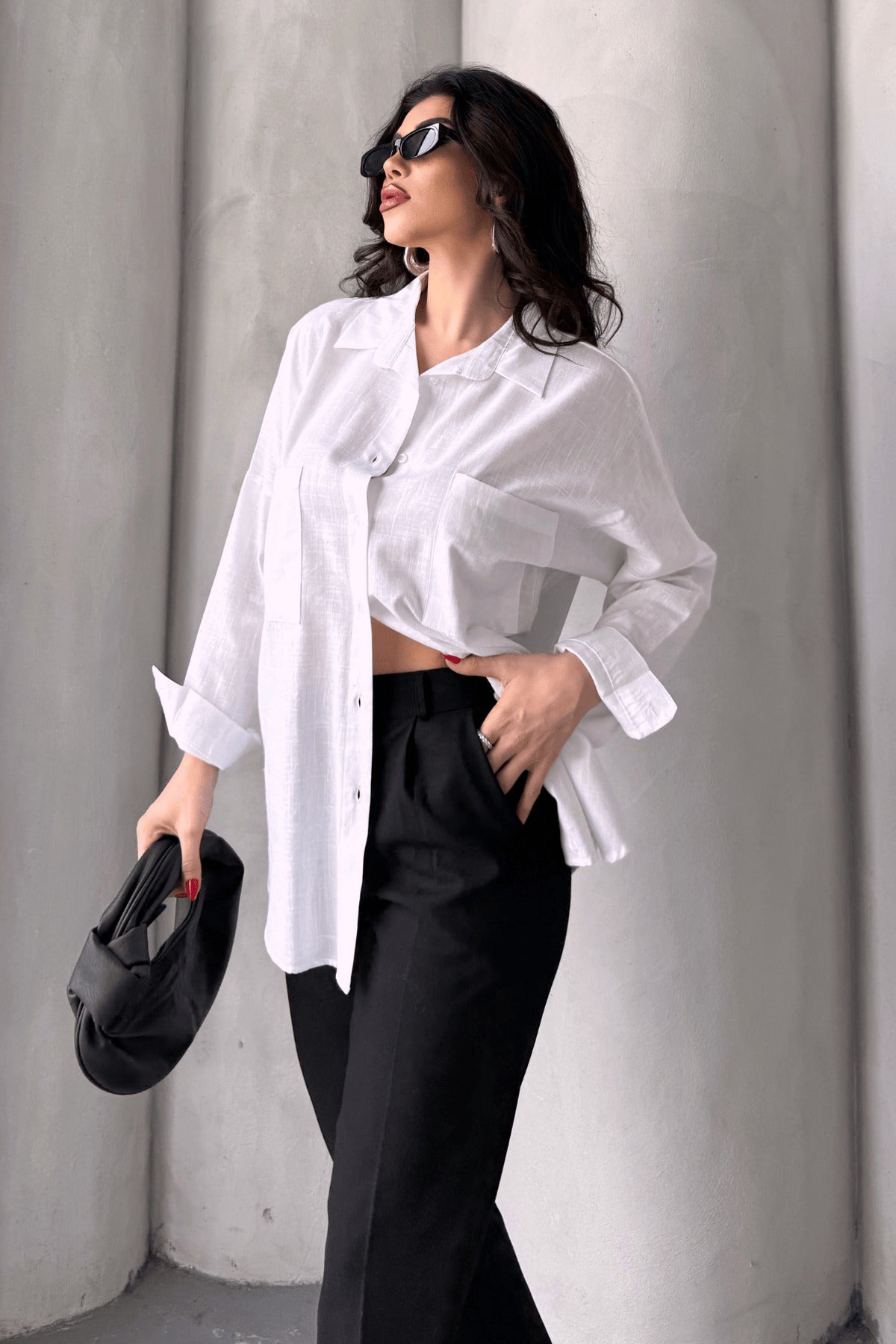 PWG1504250420 - Kadın Harper Çift Cepli Oversize Keten Gömlek, 2025 Summer Collection - Beyaz