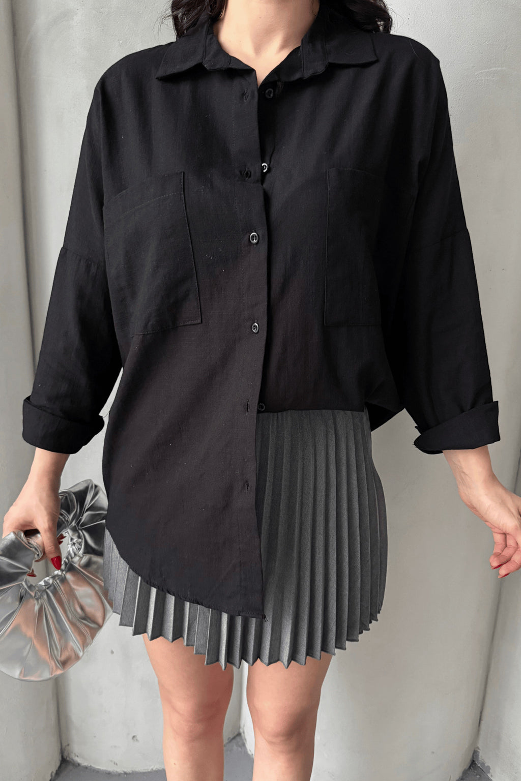 PWG1504250420 - Kadın Harper Çift Cepli Oversize Keten Gömlek, 2025 Summer Collection - Siyah