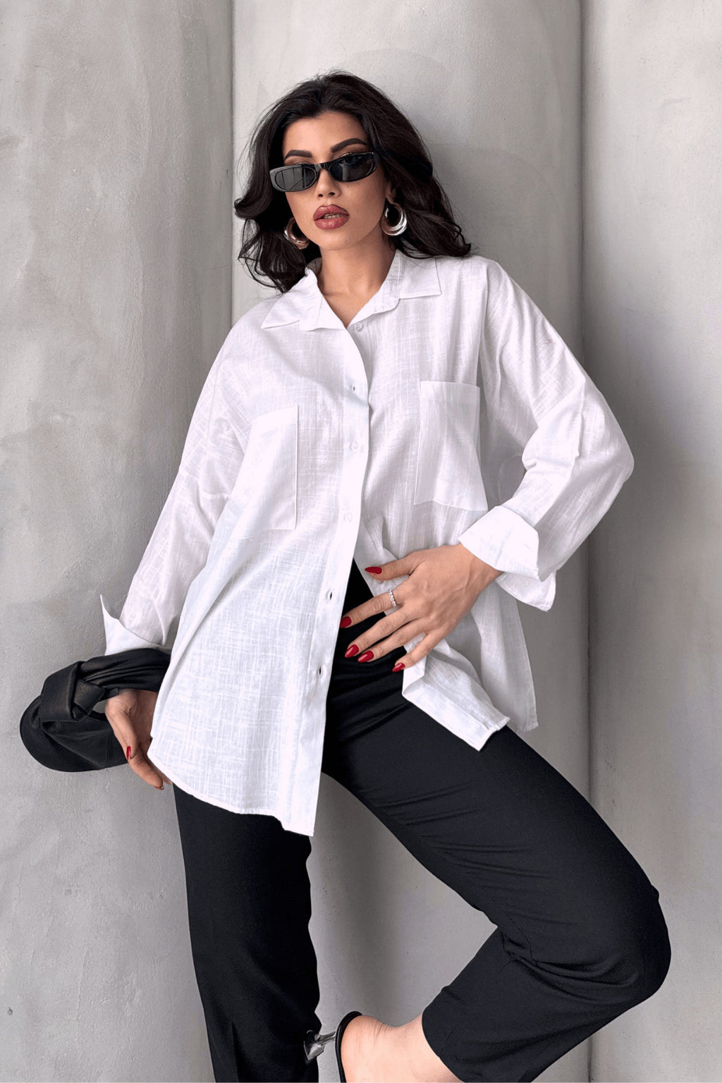 PWG1504250420 - Kadın Harper Çift Cepli Oversize Keten Gömlek, 2025 Summer Collection - Beyaz