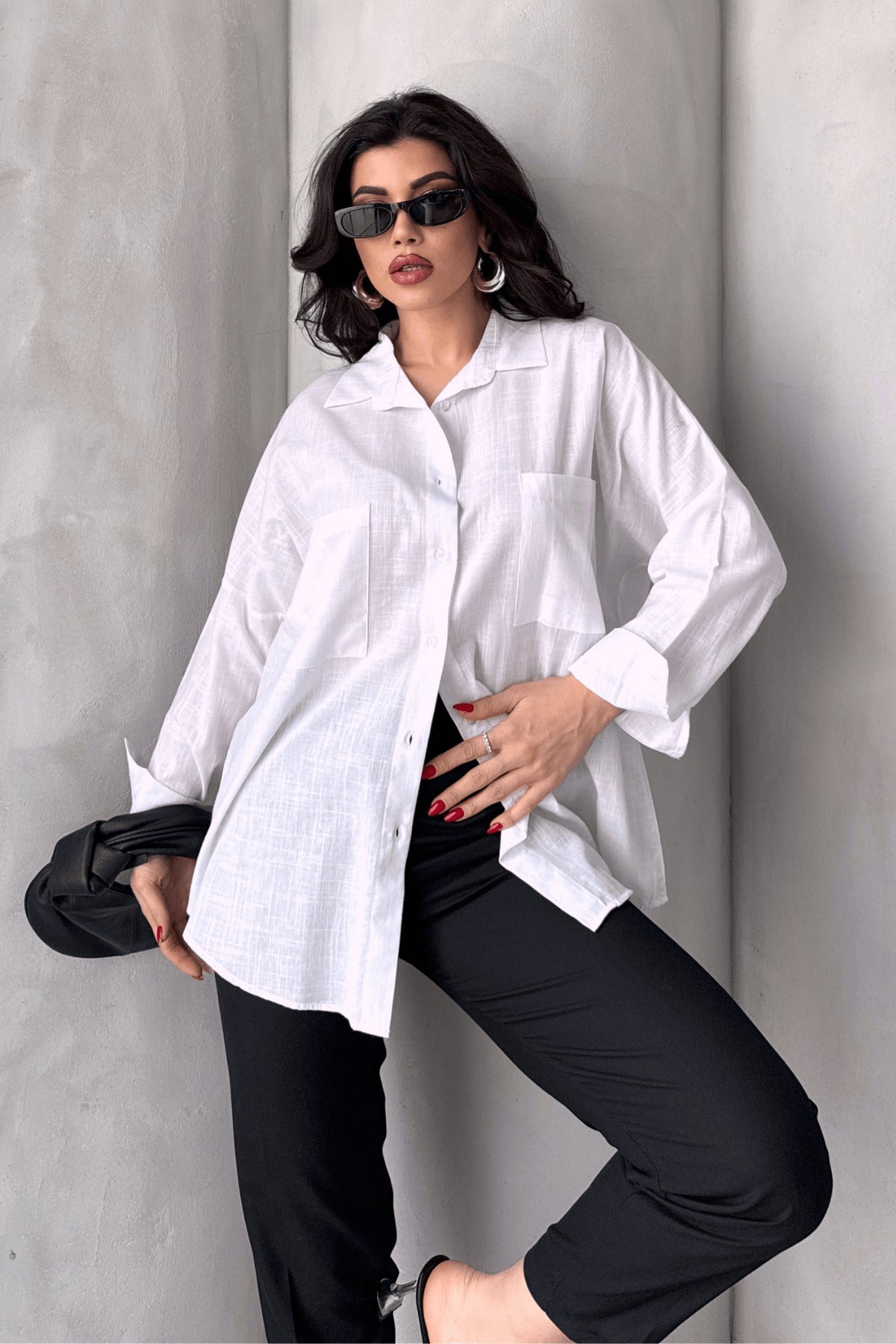 PWG1504250420 - Kadın Harper Çift Cepli Oversize Keten Gömlek, 2025 Summer Collection - Beyaz