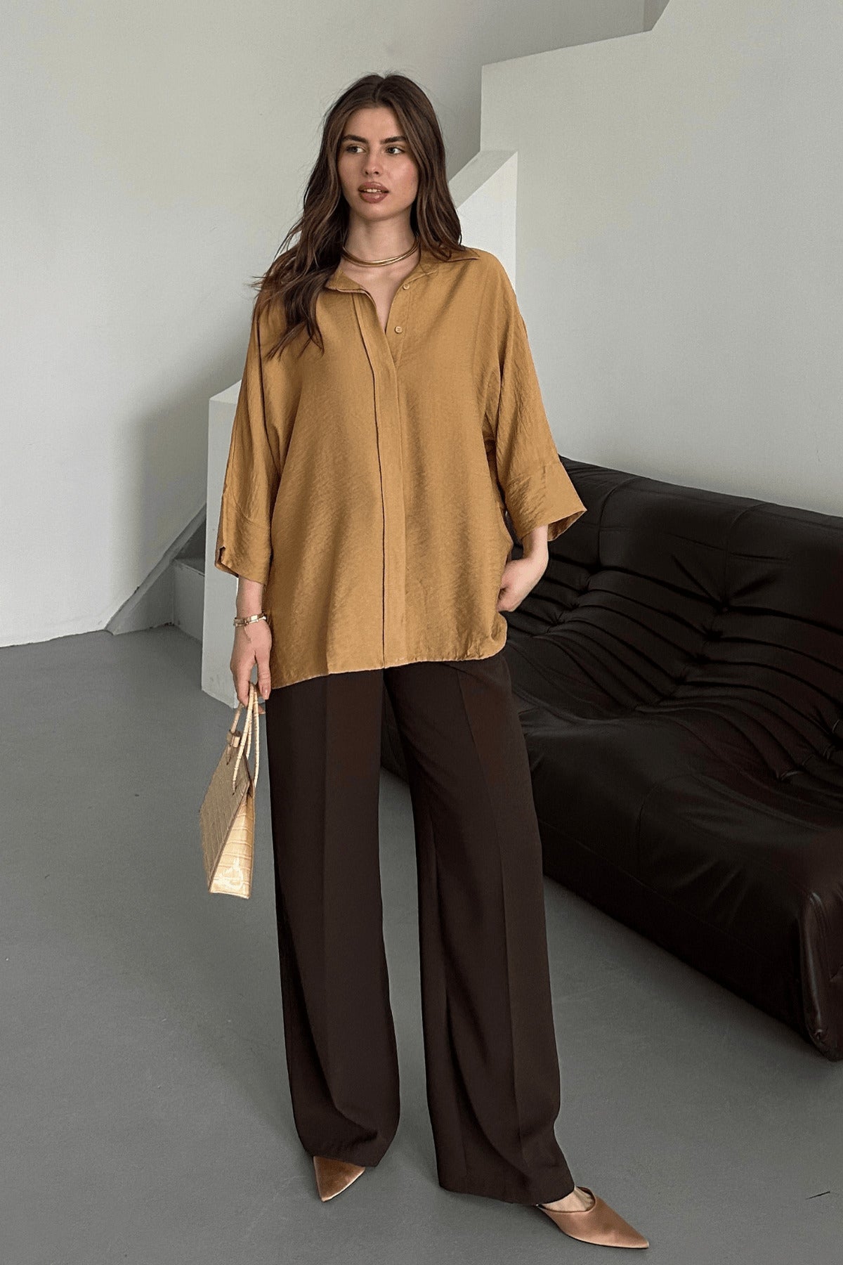 PWG0104251439 - Kadın Evelyn Vizon Oversize Gömlek, Keten Ayrobin Ön Patlı Gömlek