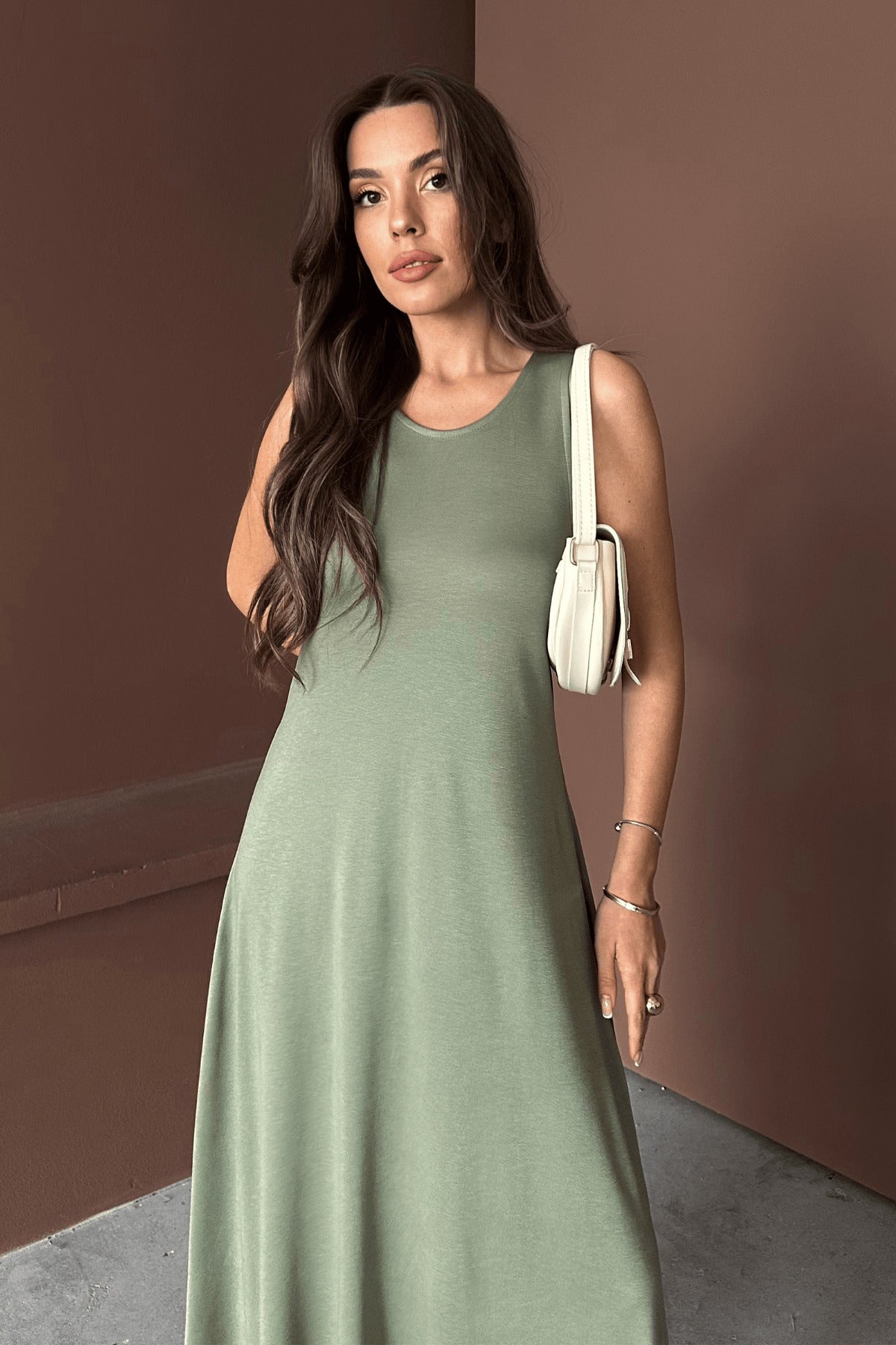 PWG1504251825 - Kadın Eleanor Yeşil Modal Pike Kumaş Maxi Yazlık Elbise - Mint