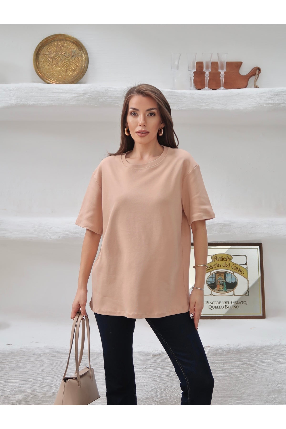 PWGY298 - Kadın Mia İnterlok Kumaş Bisiklet Yaka Oversize T-Shirt - Somon