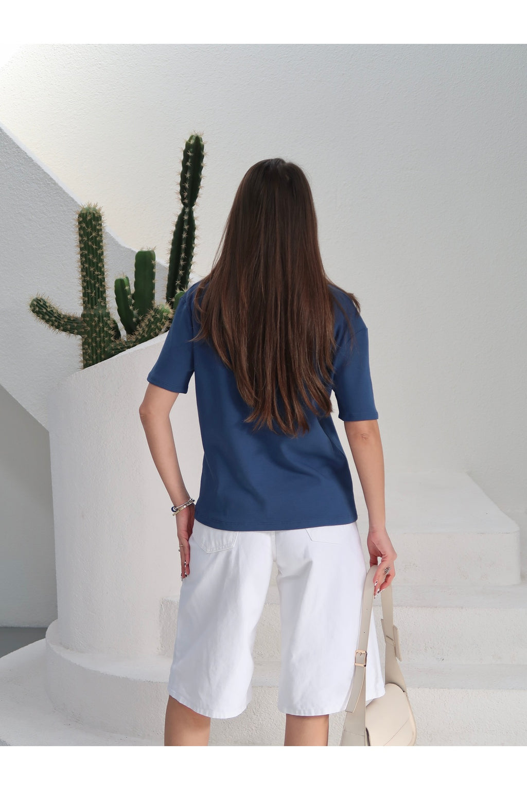 PWGY285 - Kadın Massi İnterlok Kumaş V Yaka Oversize T-Shirt - Mavi