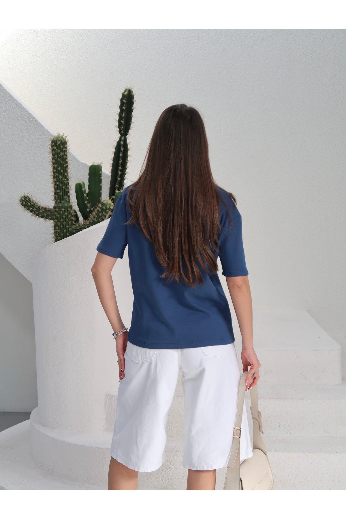 PWGY285 - Kadın Massi İnterlok Kumaş V Yaka Oversize T-Shirt - Mavi