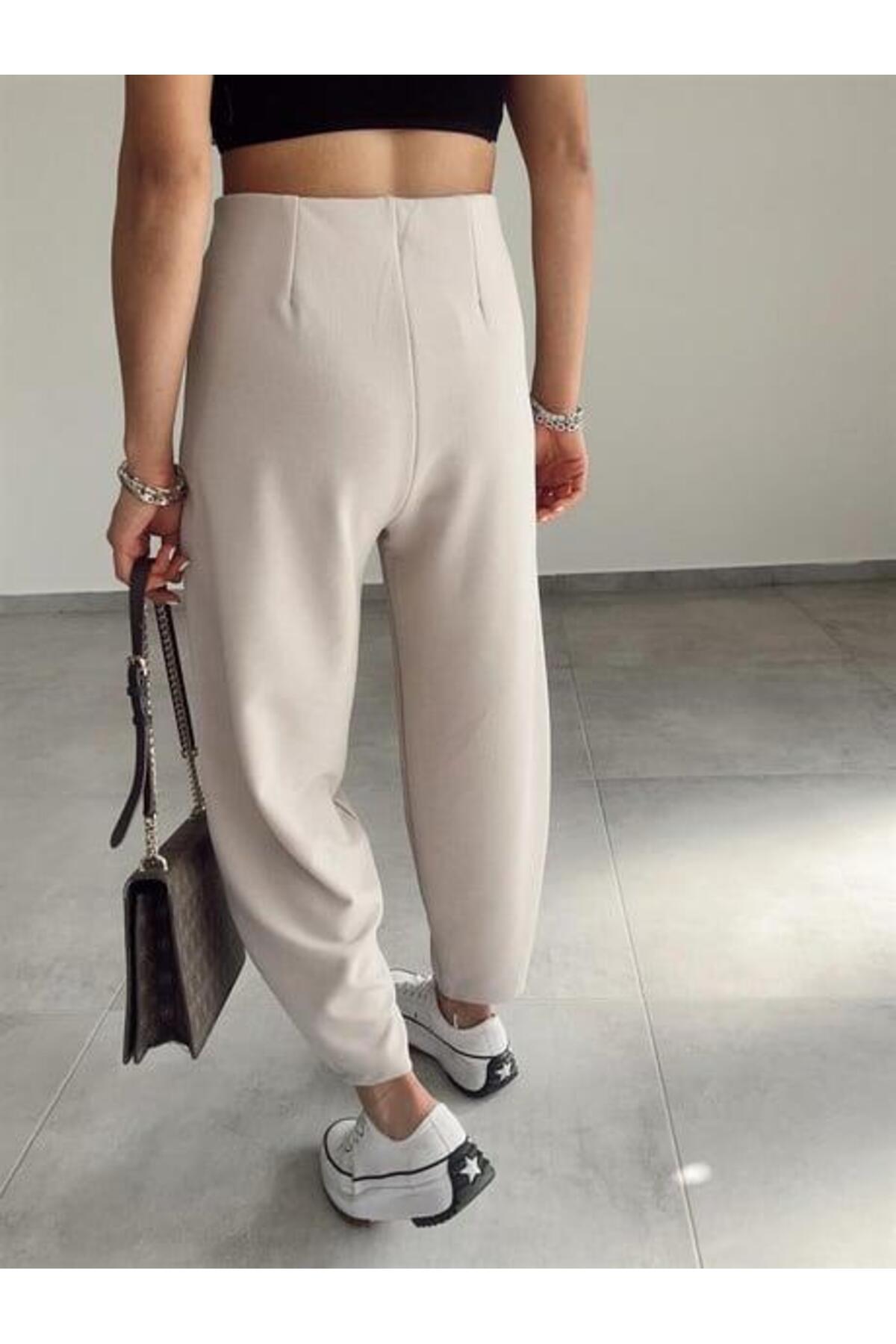 PWG0709241607 - Kemersiz Balon Pantolon, 4 Mevsim, Krep Kumaş, Full Likralı - Taş
