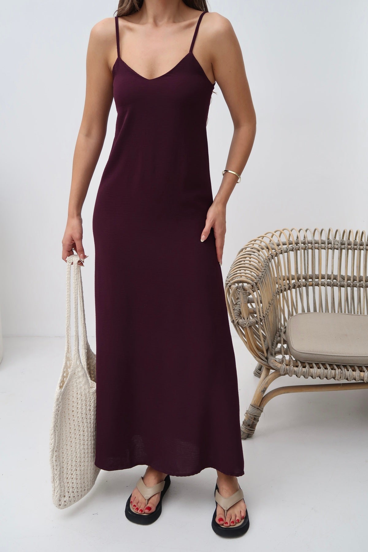 PWG2605251938 - Kadın Hazel Bordo İp Askılı Ayrobin Maxi Yazlık Elbise