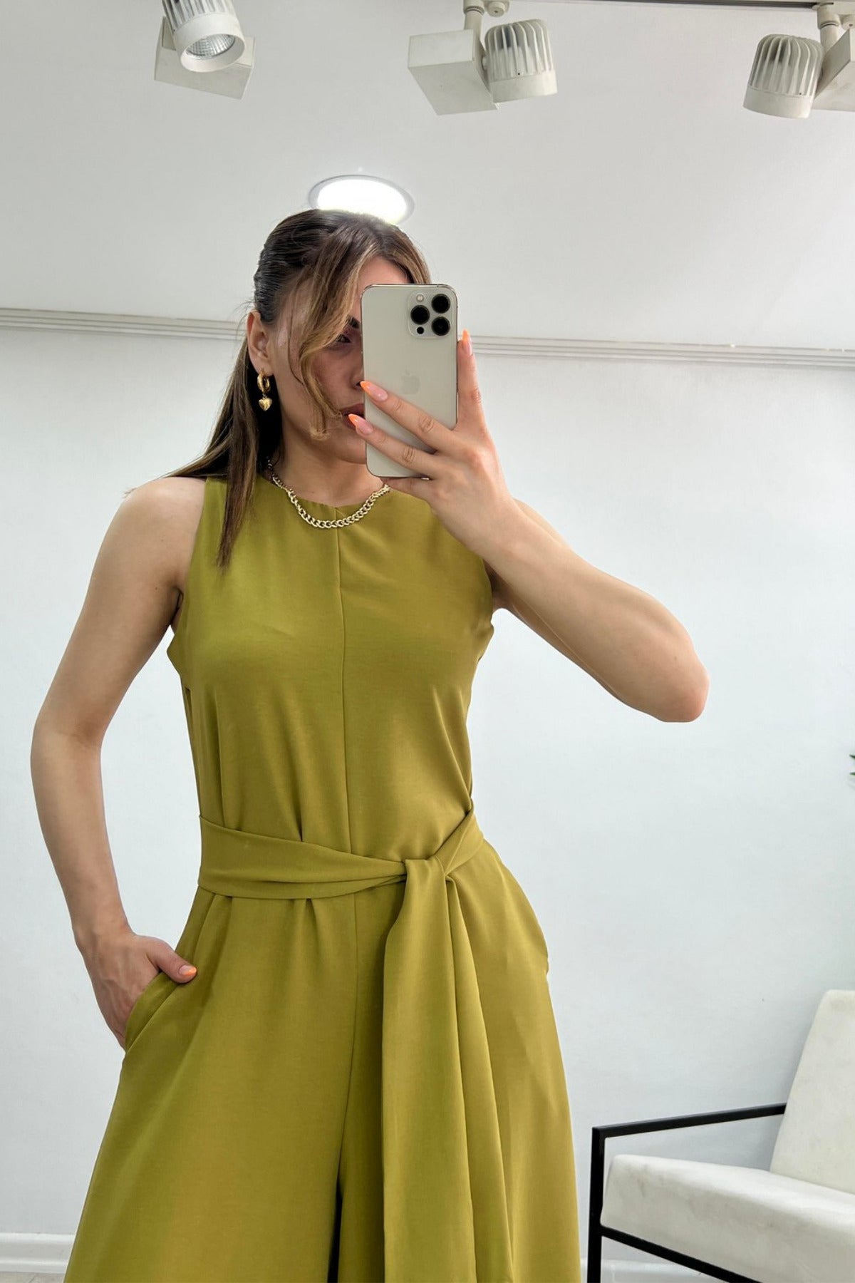 PWG2703251506 - Kadın Deta Olive Kuşaklı Cepli Ayrobin Kumaş Tulum