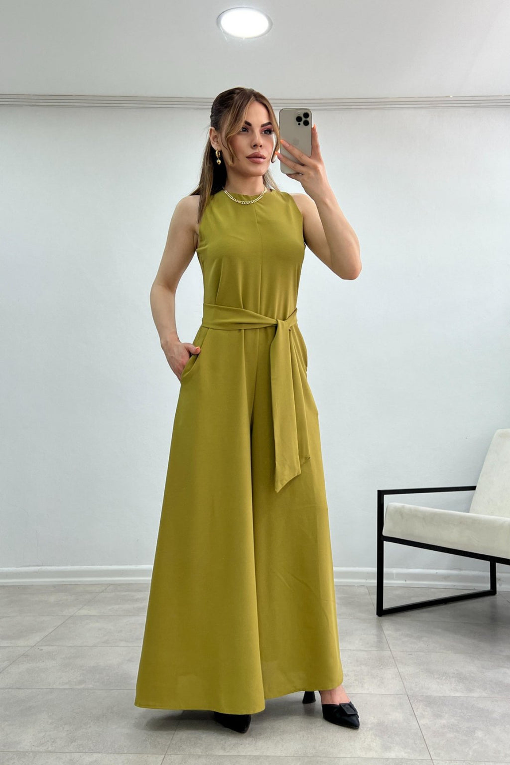PWG2703251506 - Kadın Deta Olive Kuşaklı Cepli Ayrobin Kumaş Tulum