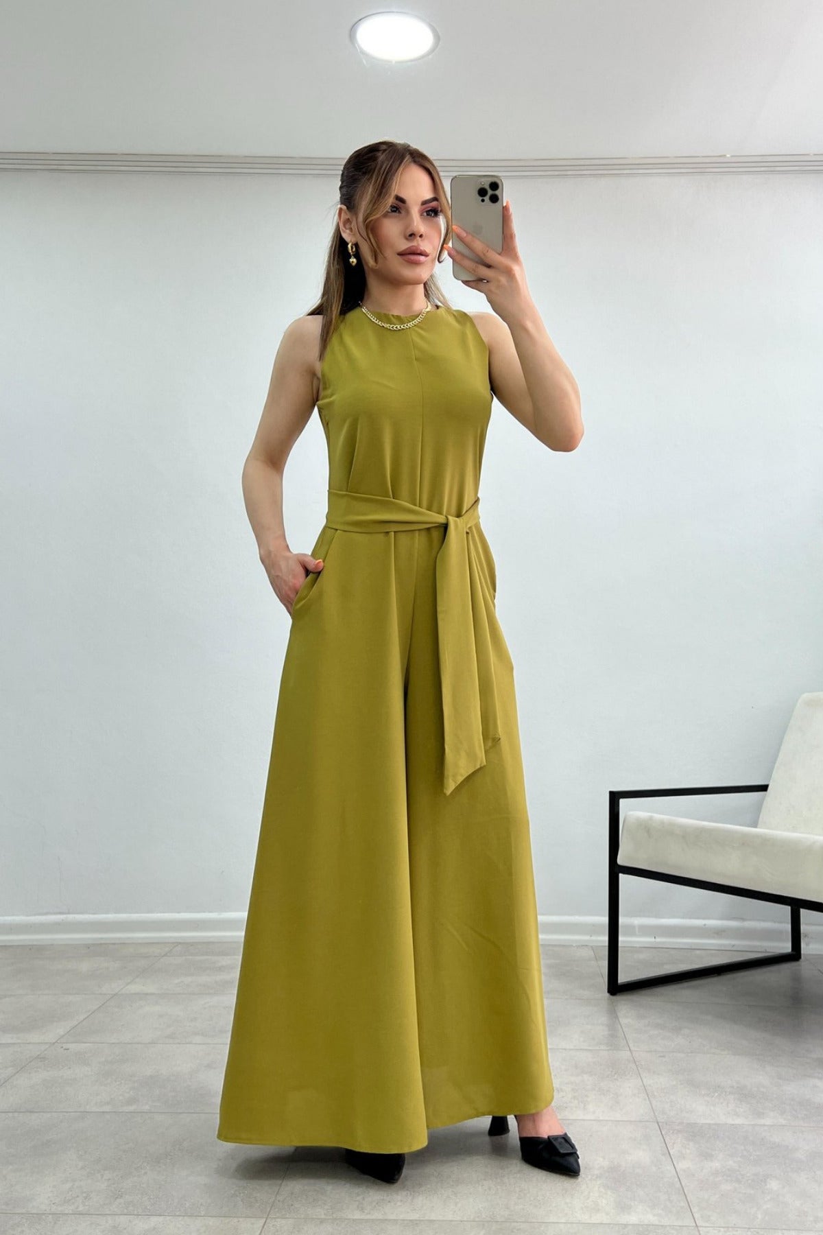 PWG2703251506 - Kadın Deta Olive Kuşaklı Cepli Ayrobin Kumaş Tulum