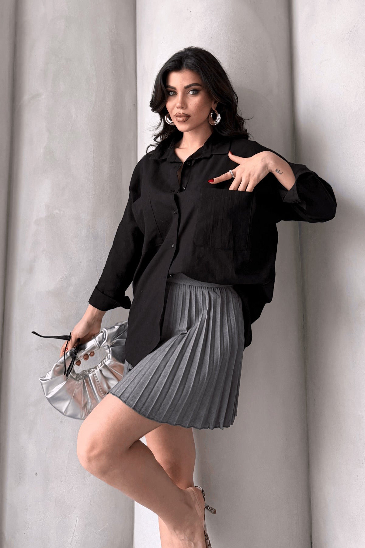 PWG1504250420 - Kadın Harper Çift Cepli Oversize Keten Gömlek, 2025 Summer Collection - Siyah