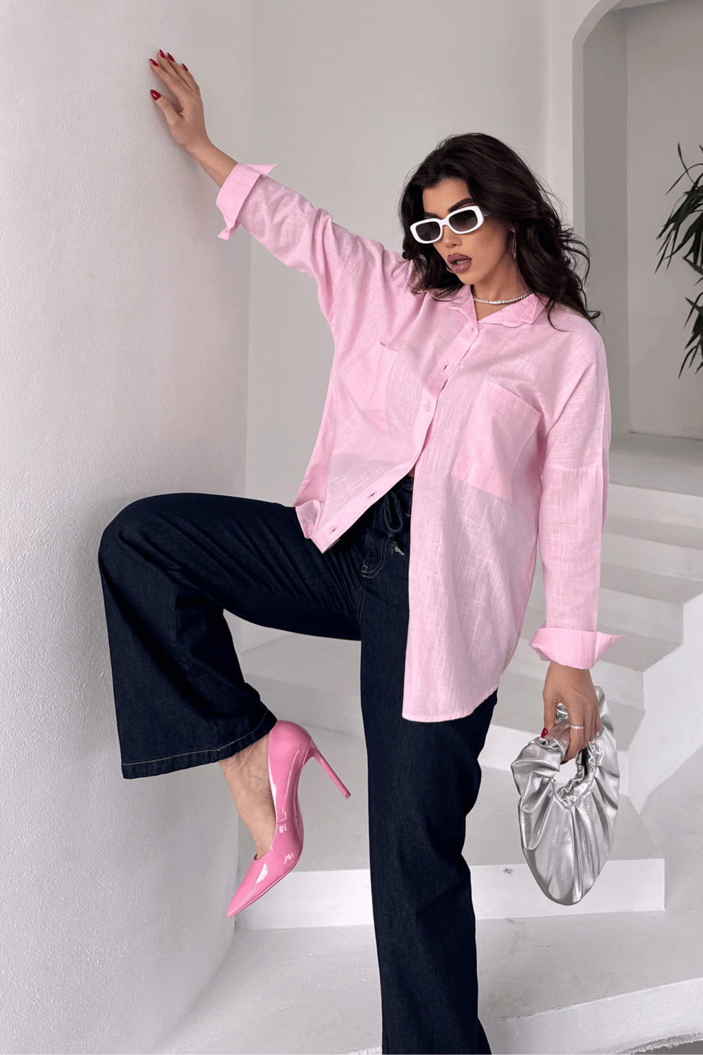 PWG1504250420 - Kadın Harper Çift Cepli Oversize Keten Gömlek, 2025 Summer Collection - Pembe