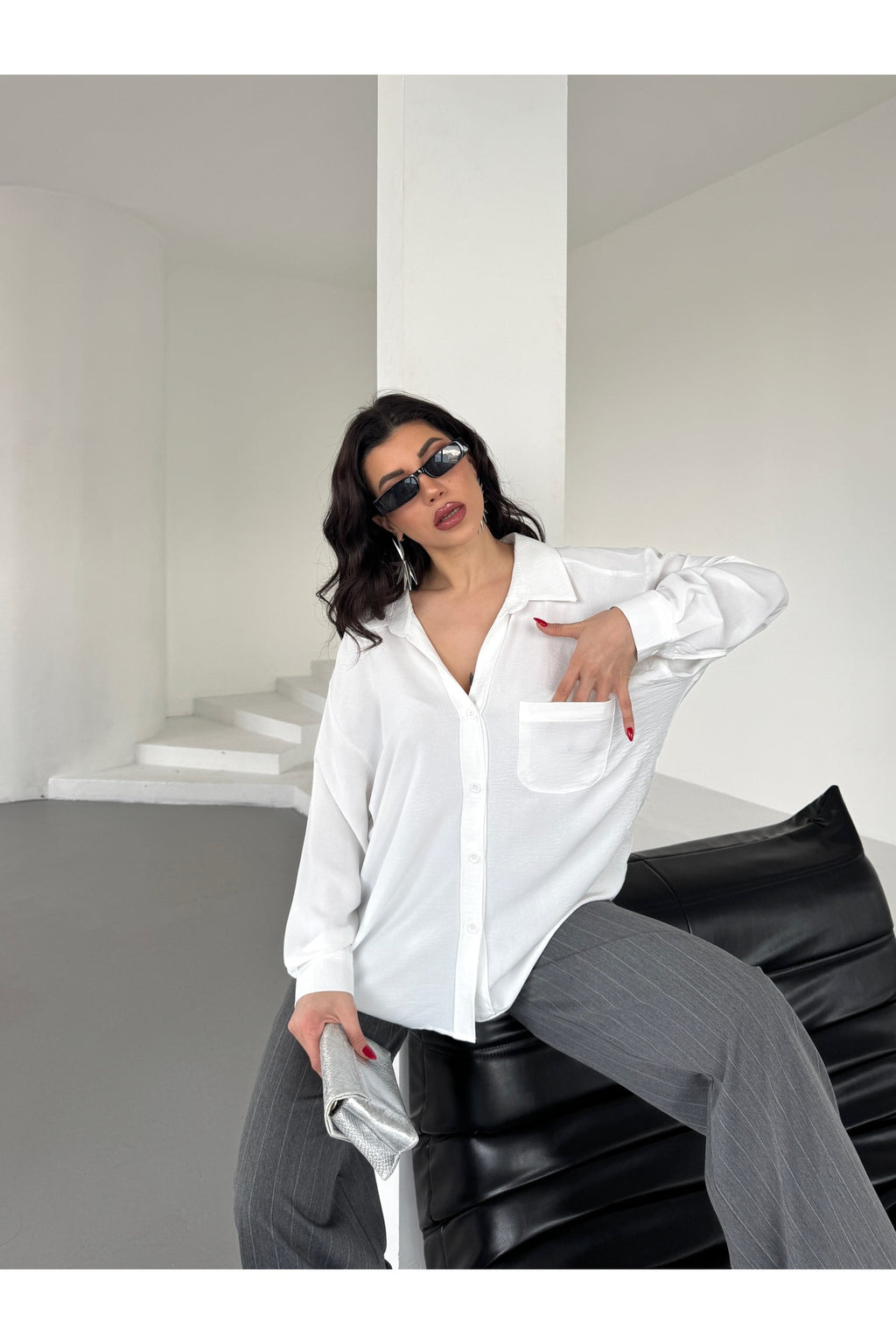PWG3101251407 - Kadın Perla Beyaz Tek Cepli Oversize Gömlek, Geniş Kalıp Gömlek, Ayrobin Gömlek