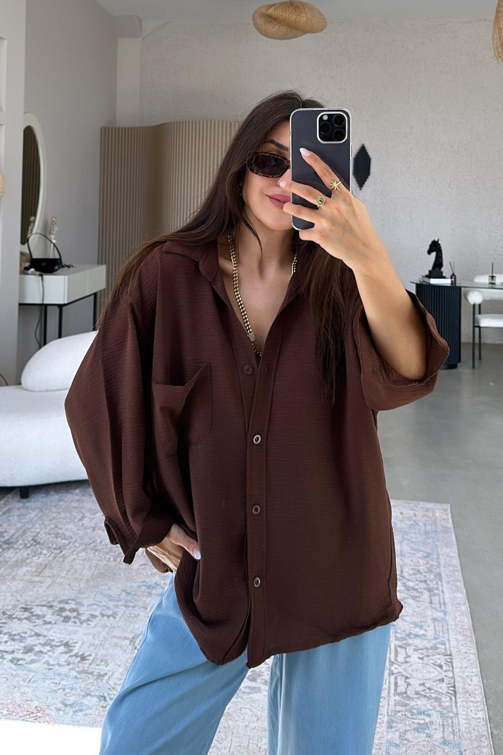 PWG903250053 - Kadın Flory Ayrobin Oversize Tek Cep Gömlek - Kahverengi