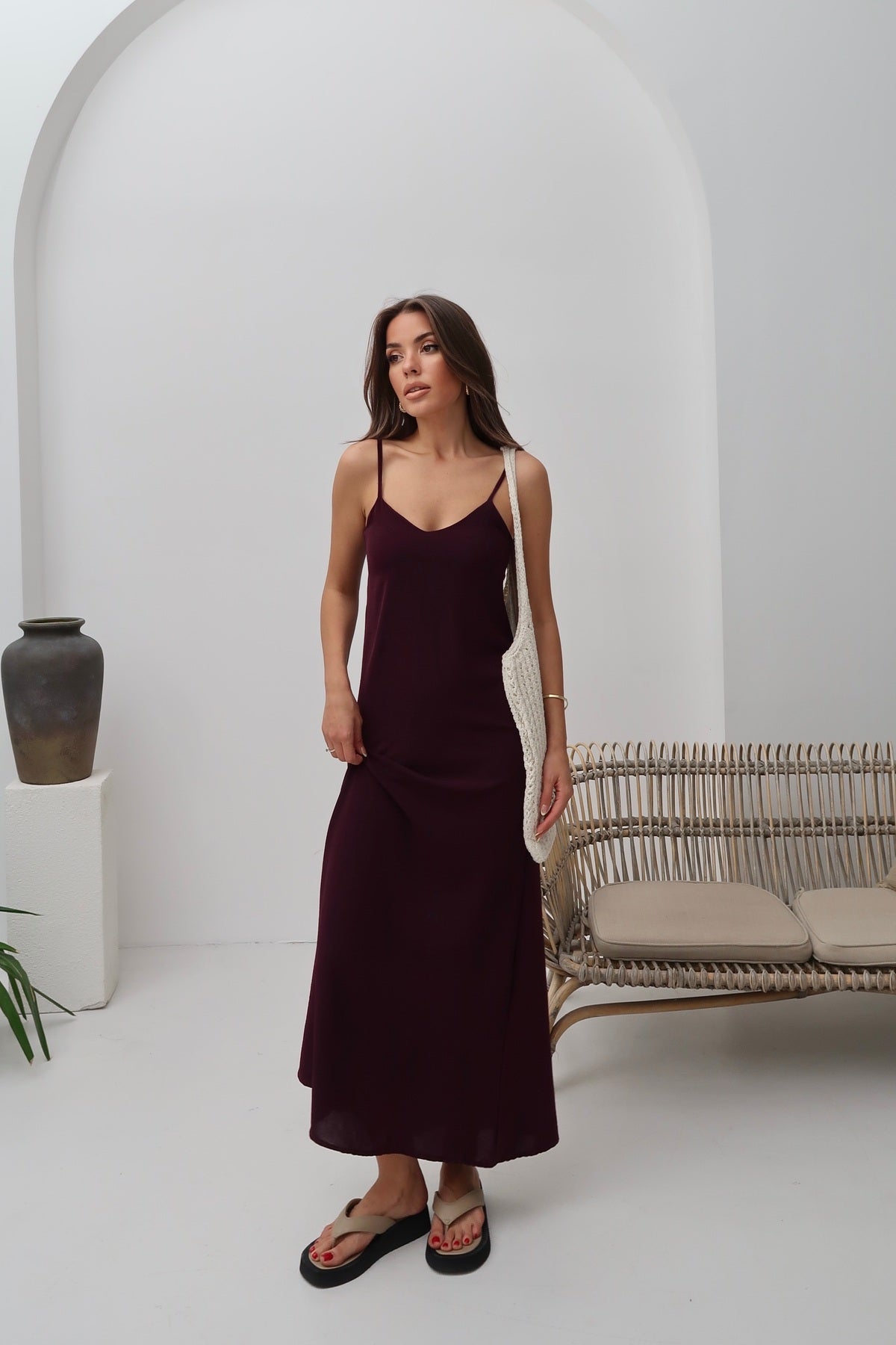 PWG2605251938 - Kadın Hazel Bordo İp Askılı Ayrobin Maxi Yazlık Elbise