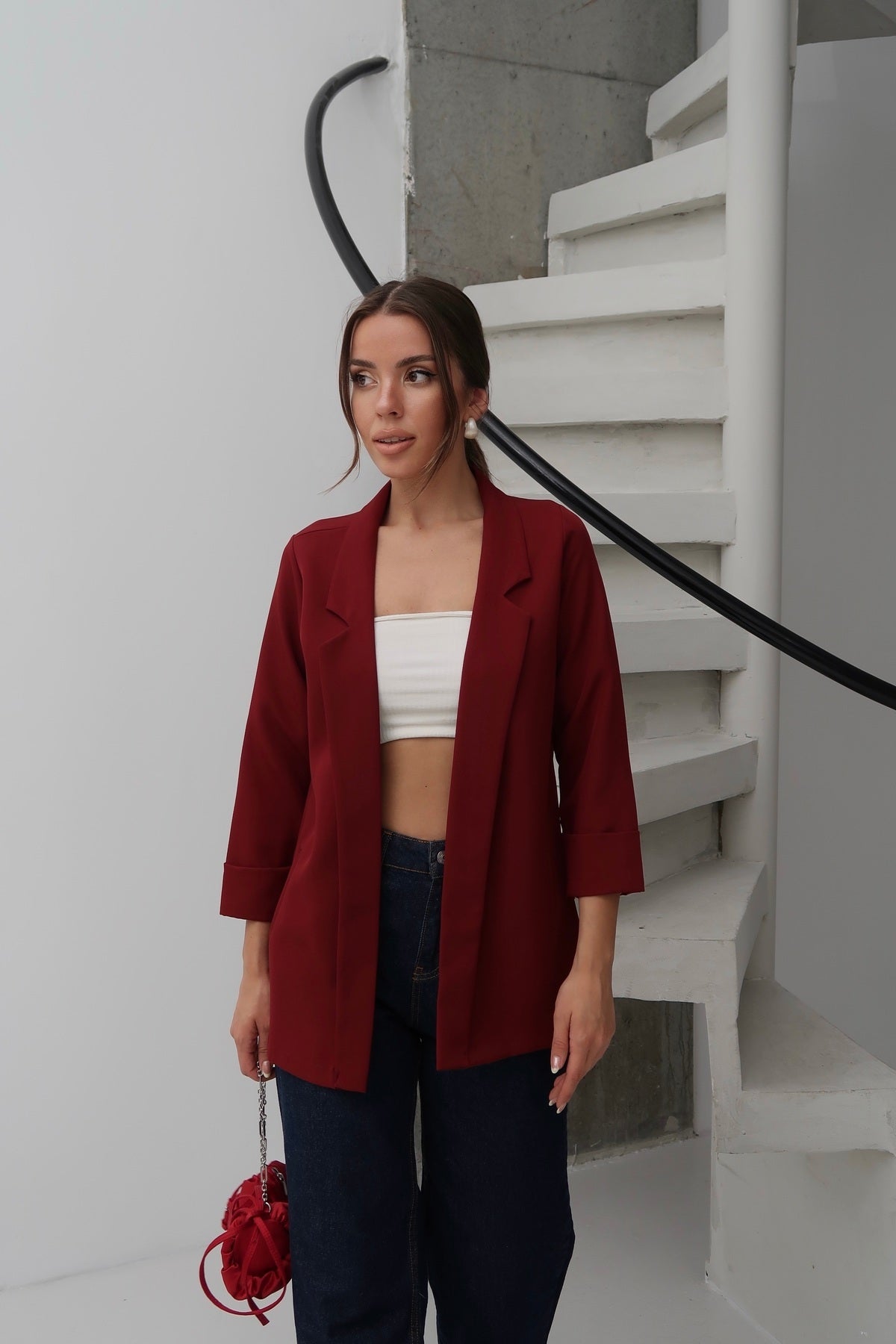 PWG0206251846 - Kadın Atlas Kumaş Astarsız Blazer Ceket, Premium Kalite - Bordo