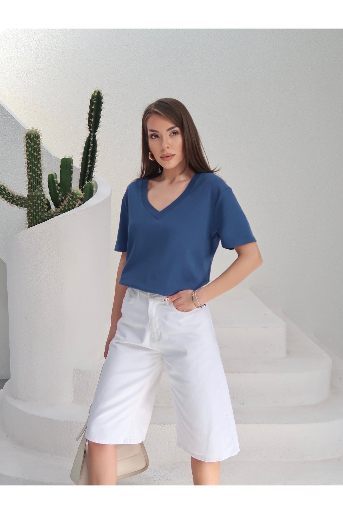 PWGY285 - Kadın Massi İnterlok Kumaş V Yaka Oversize T-Shirt - Mavi