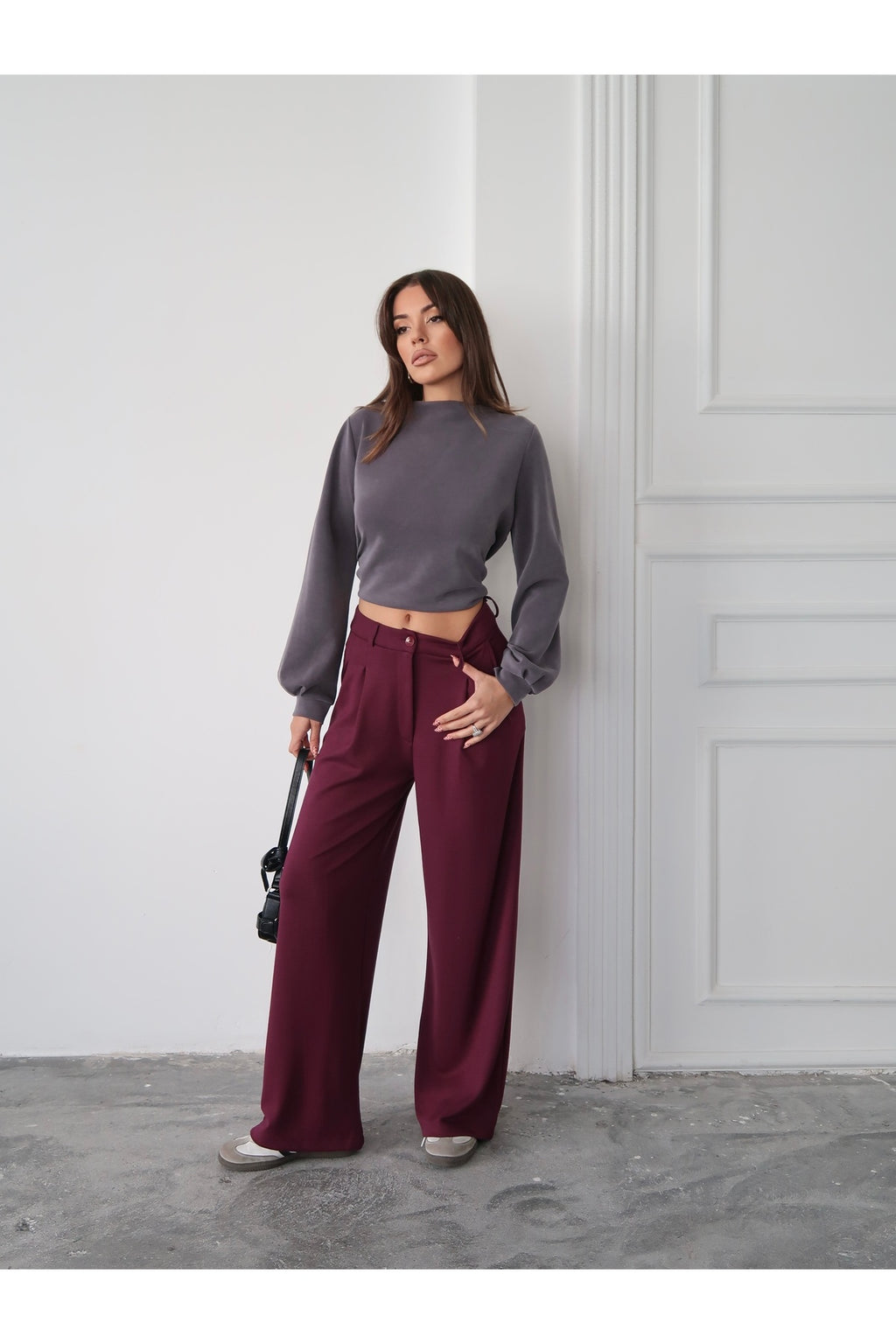PWG2711251435 - Kadın Nova Modal Dokulu Pileli Palazzo Pantolon - Bordo