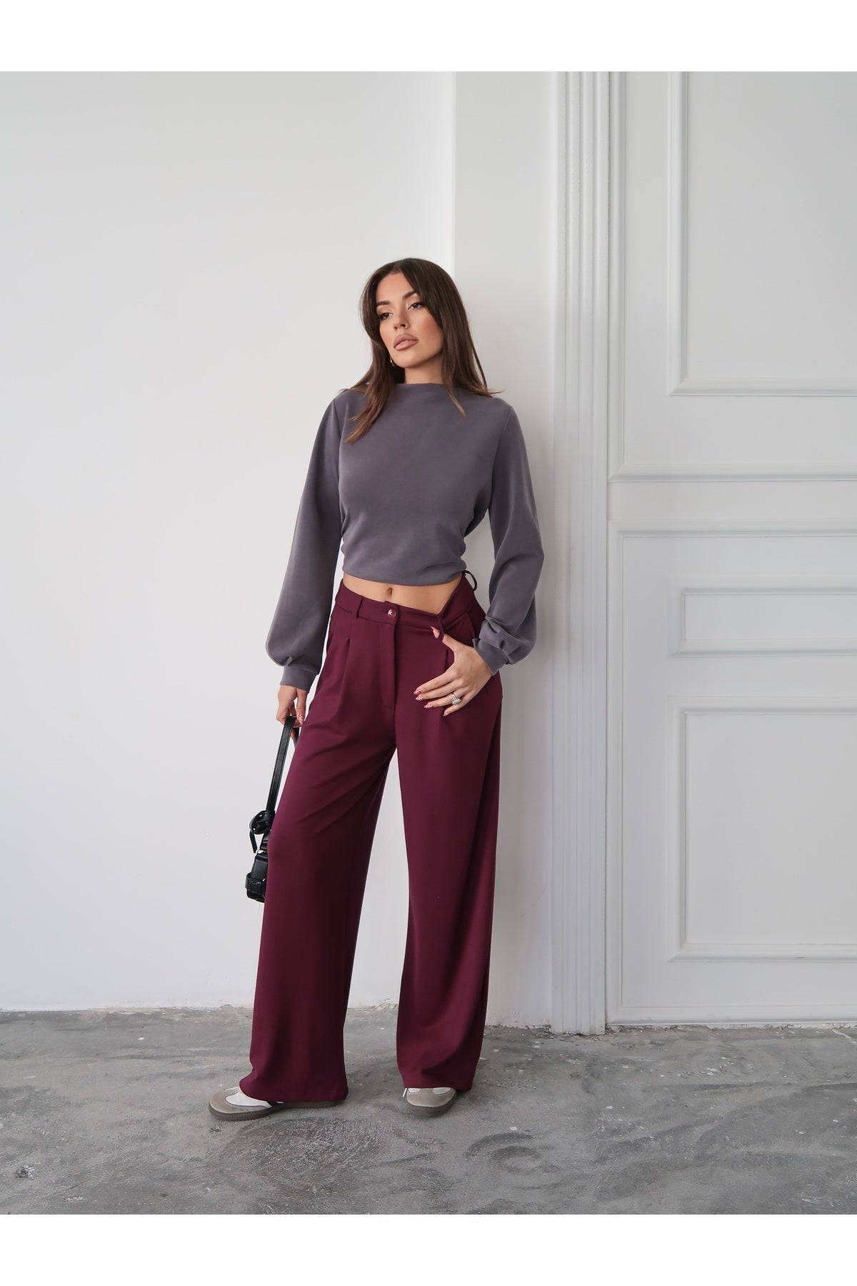 PWG2711251435 - Kadın Nova Modal Dokulu Pileli Palazzo Pantolon - Bordo
