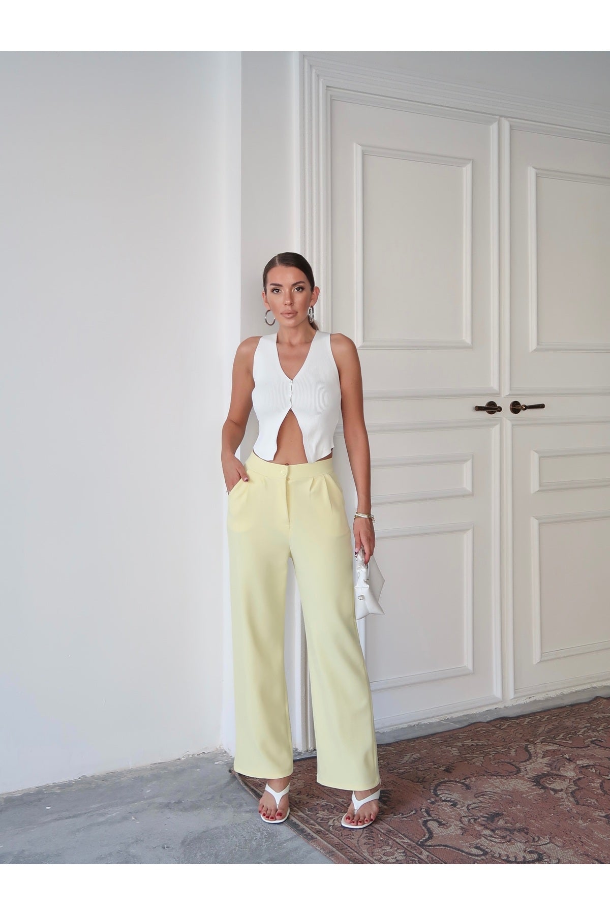 PWG1308251921 - Kadın Loretta Beli Pileli Palazzo Pantolon - Sarı