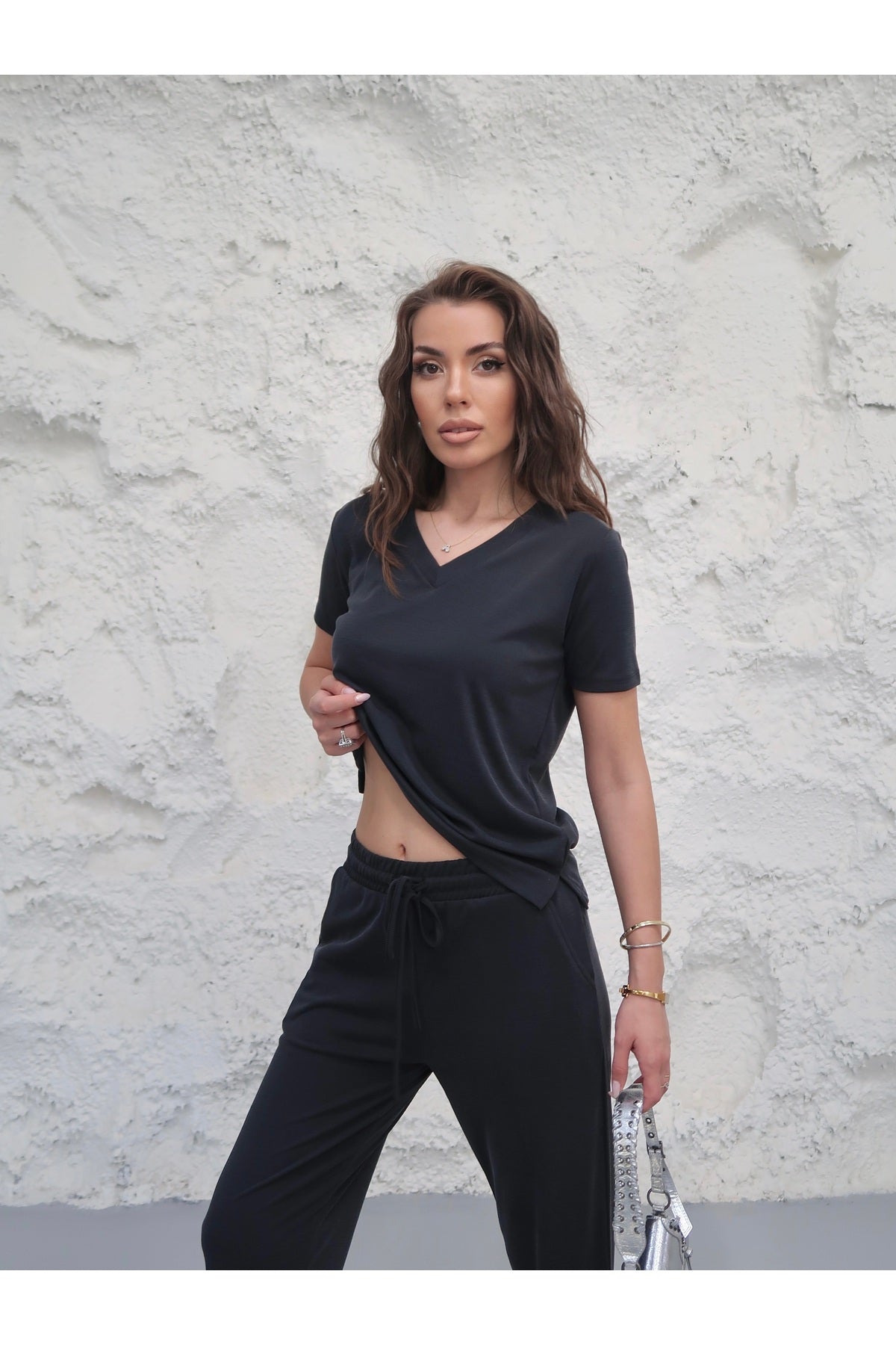 PWGY268 - Kadın Avessa Modal Pike Kumaş V Yaka T-Shirt Pantolon Takım - Siyah