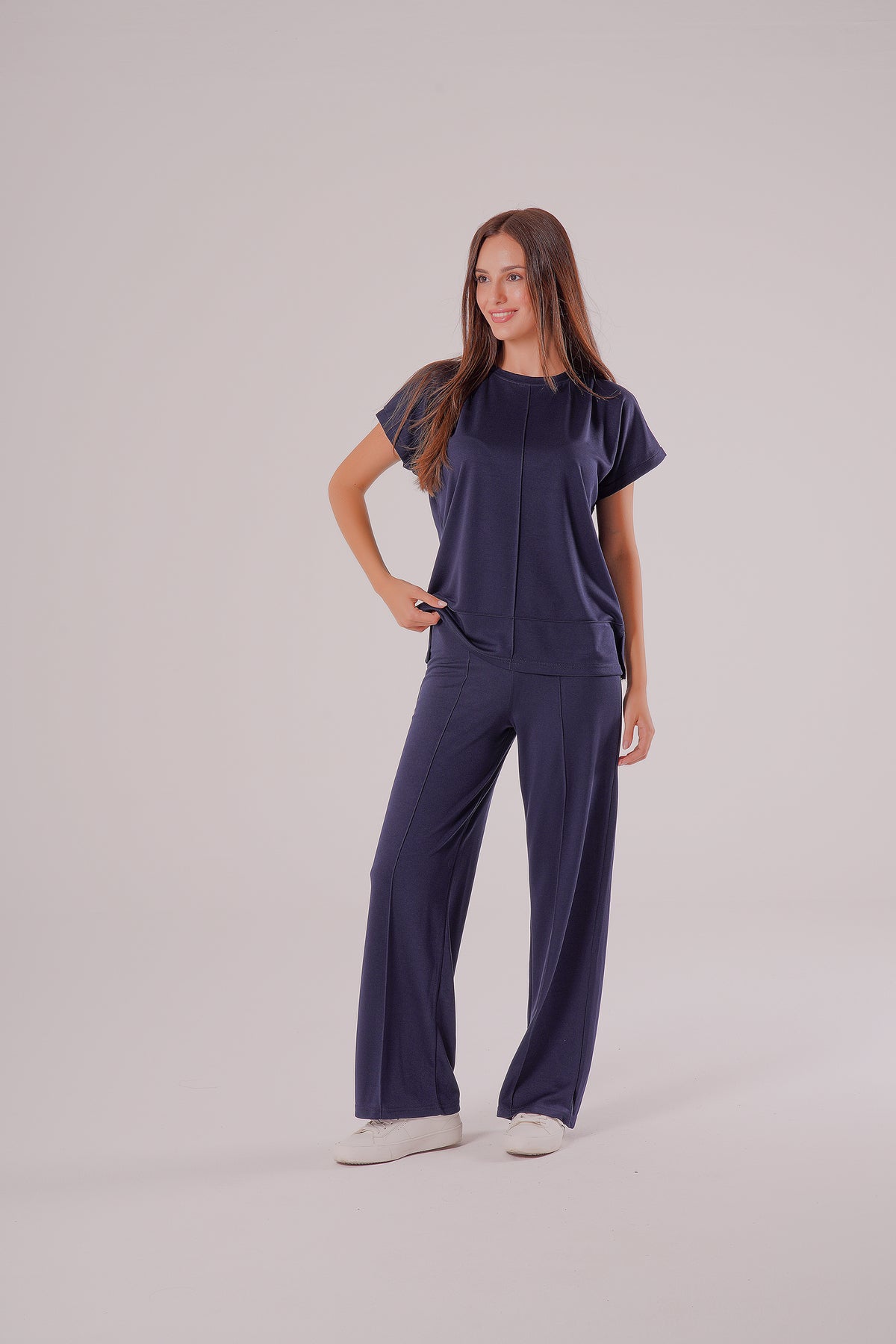 PWG0907251756 - Kadın Meadow Modal Çimalı T-shirt-Pantolon Takım - Lacivert