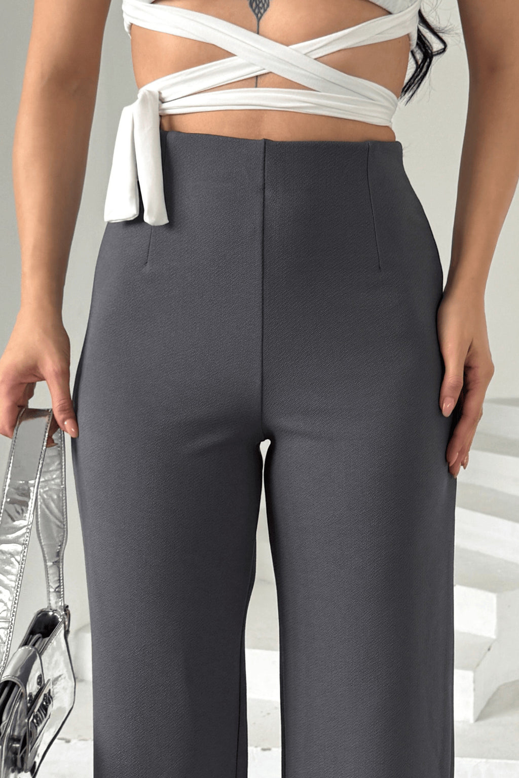 PWG0909241227 - Kadın Silver Likralı Kemersiz Palazzo Pantolon, 4 Mevsim Krep Toparlayıcı Kumaş - Füme
